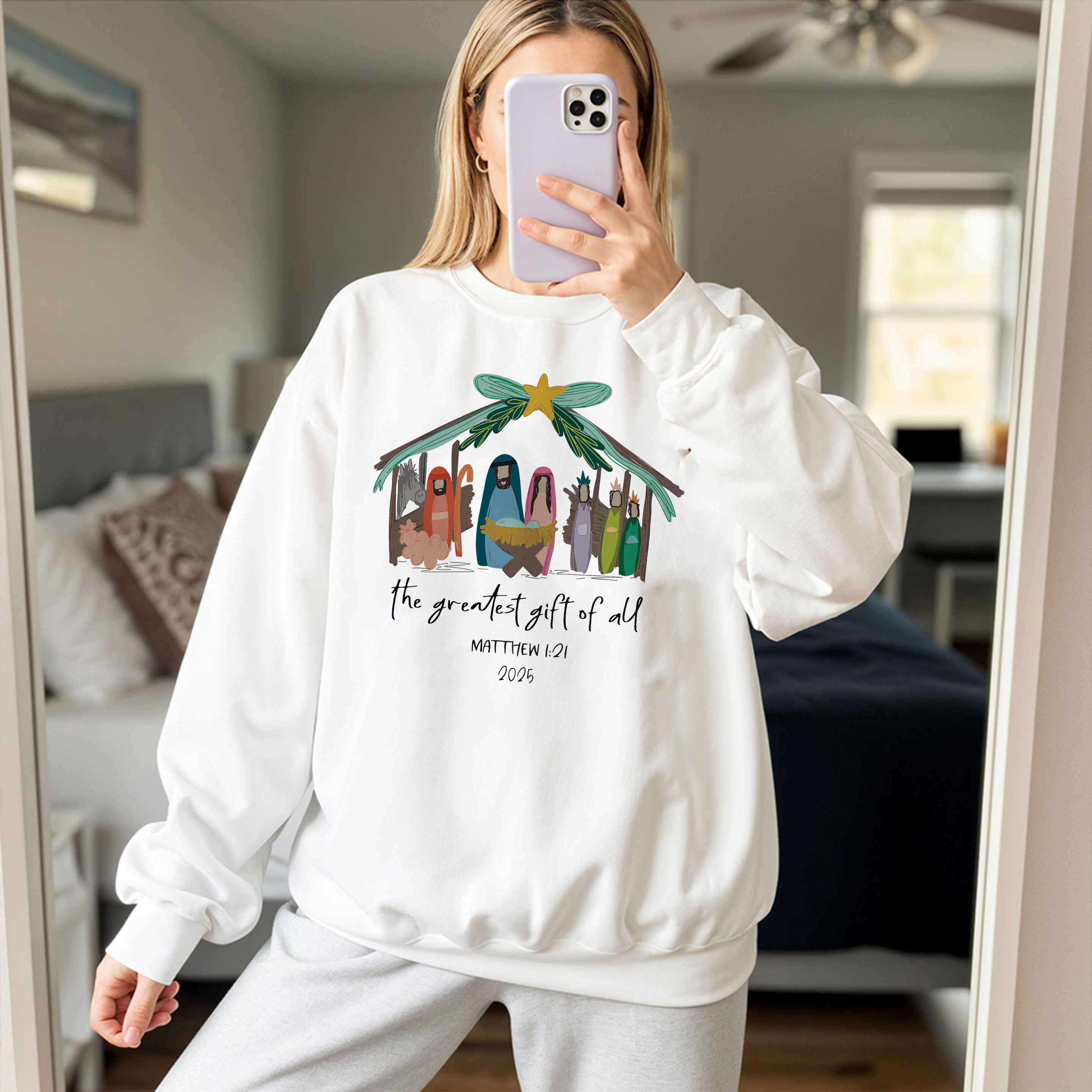 Christian Nativity Sweatshirt, The Greatest Gift of All Sweater, Matthew 1:21 Bible Verse Shirt, Religious Christmas Outfit, Jesus Birth Scene Gift