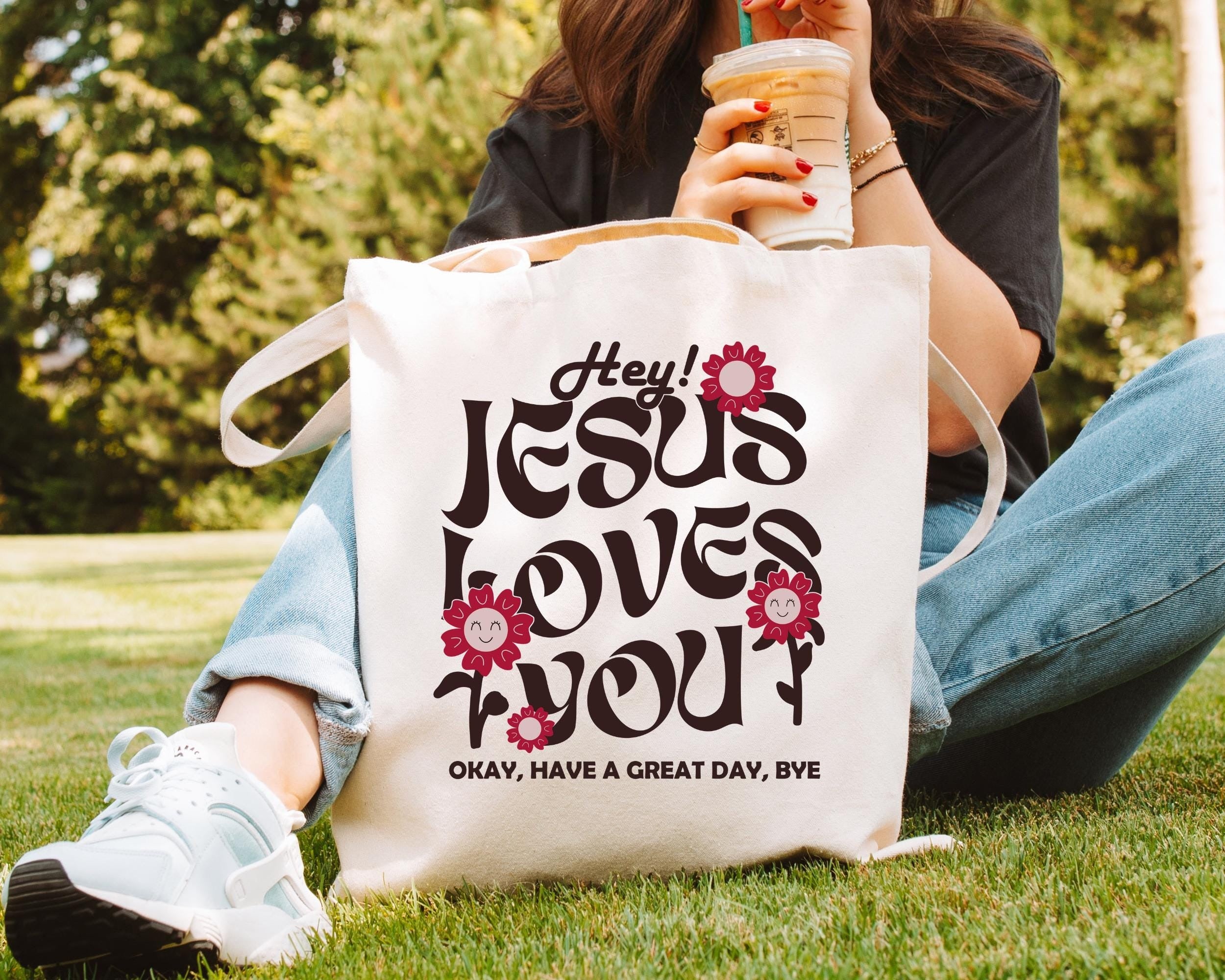 Jesus Loves You Bible Verse Tote Bag, Faith-Based Church Tote, Y2K Aesthetic Christian Bag, Catholic Religious Gift, Trendy Christian Tote TBLAF02