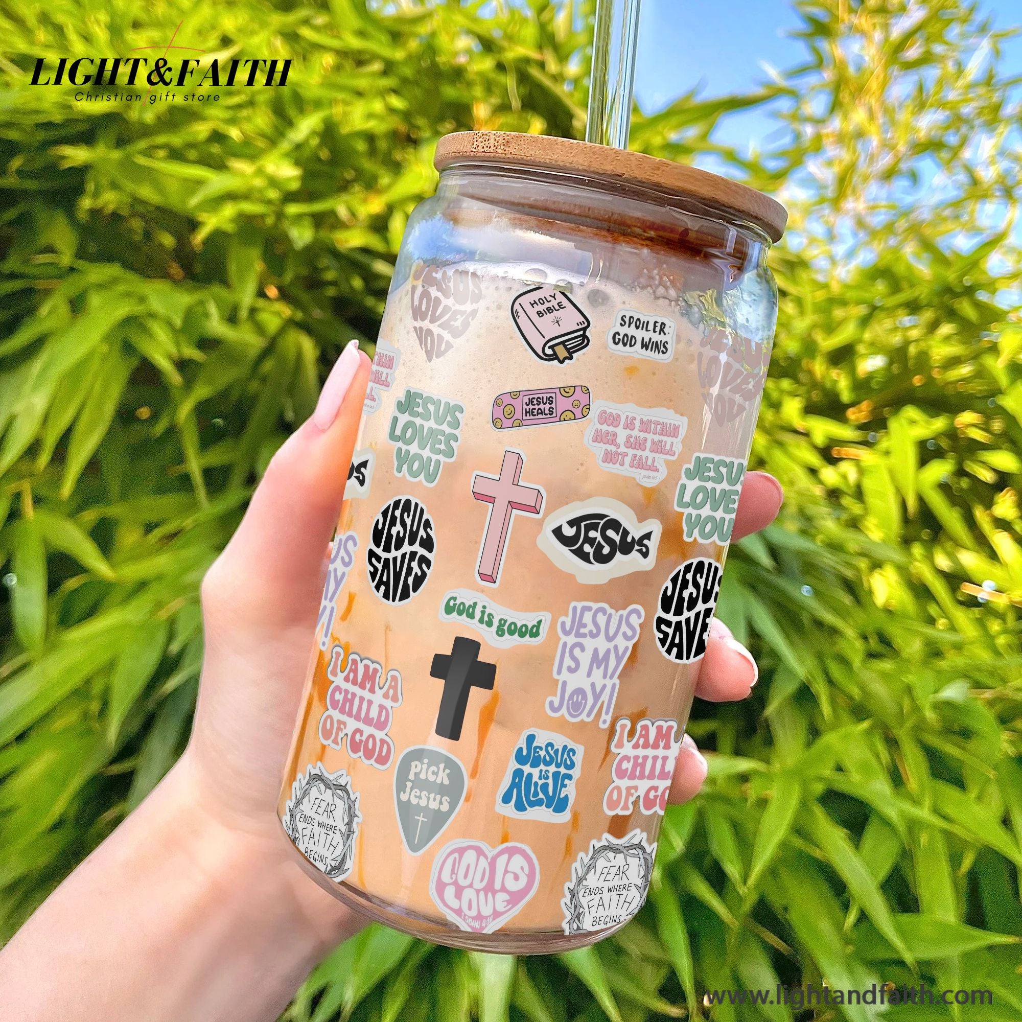 Christian Glass Can with Lid and Straw, Bible Verse Stickers, Jesus Saves Cup, Inspirational Scripture Iced Coffee Tumbler GCLAF29