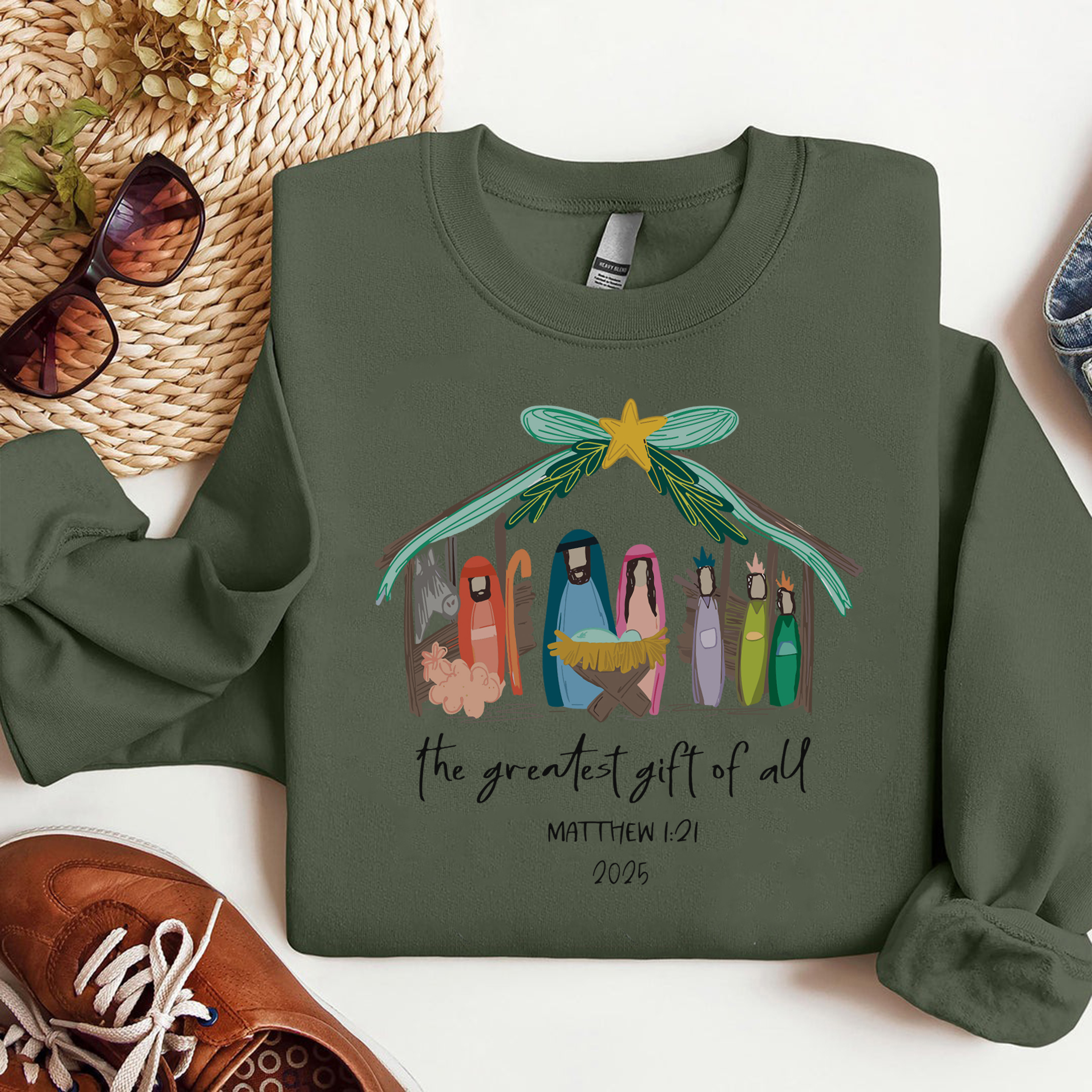 Christian Nativity Sweatshirt, The Greatest Gift of All Sweater, Matthew 1:21 Bible Verse Shirt, Religious Christmas Outfit, Jesus Birth Scene Gift