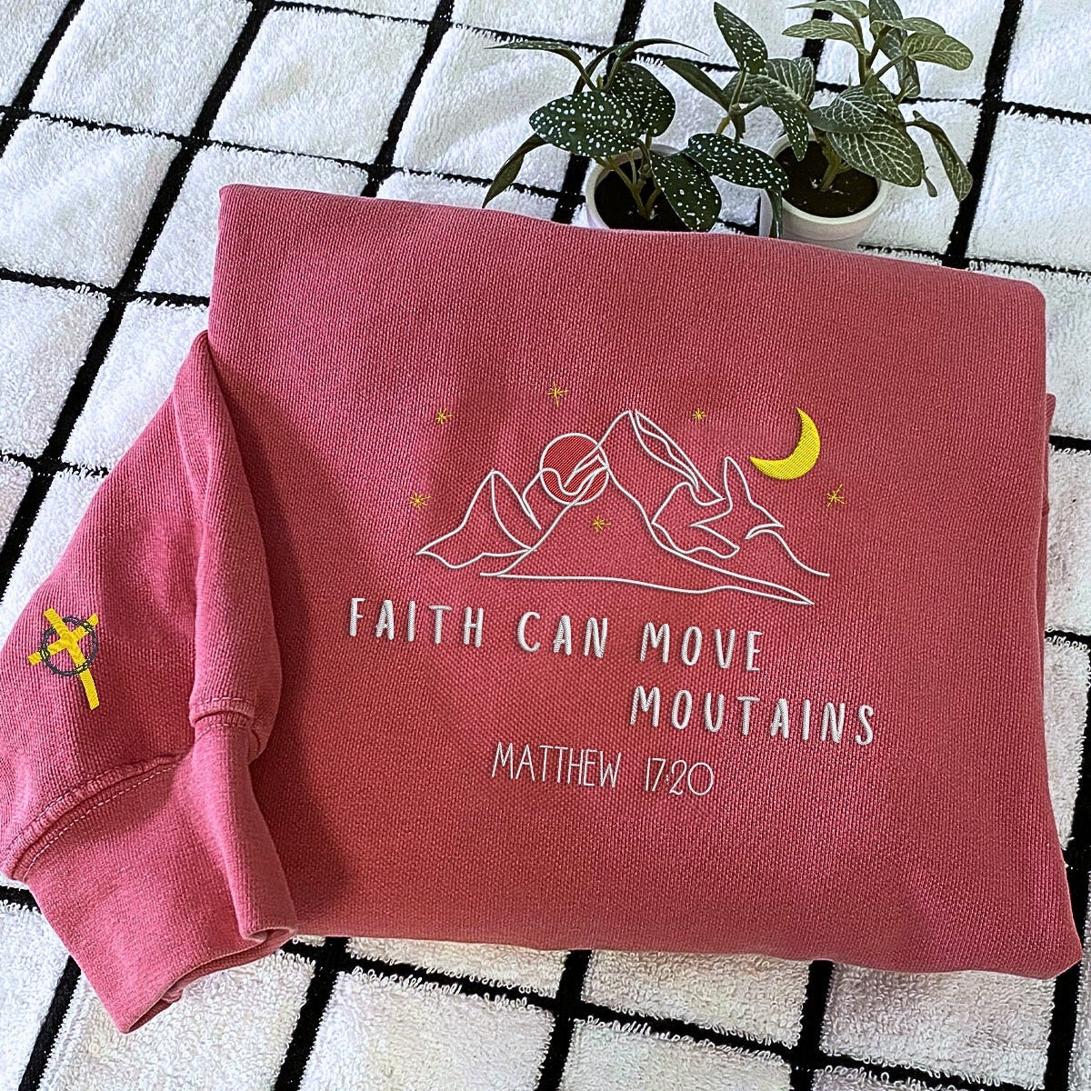 Embroidered Faith Can Move Mountains Sweatshirt, Jesus Embroidered Sweatshirt, Bible Verse Sweatshirt, GEMB09