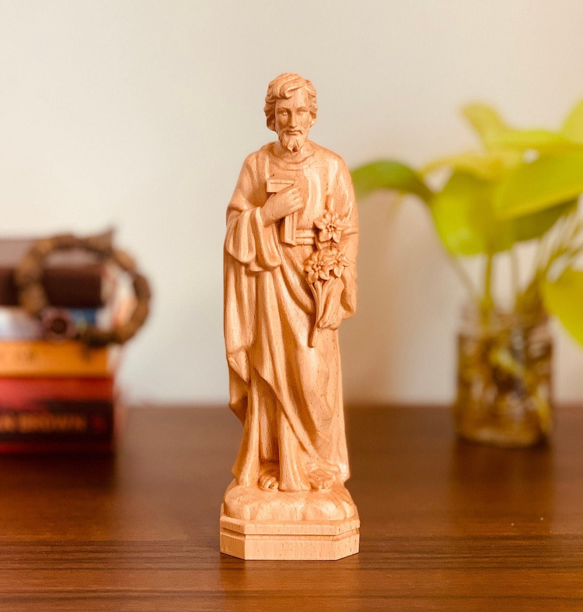 Saint Joseph Sculpture Figurine Beech Wood, Catholic Sacred Handmade Statue for Desk, Christian Home Decor Gifts