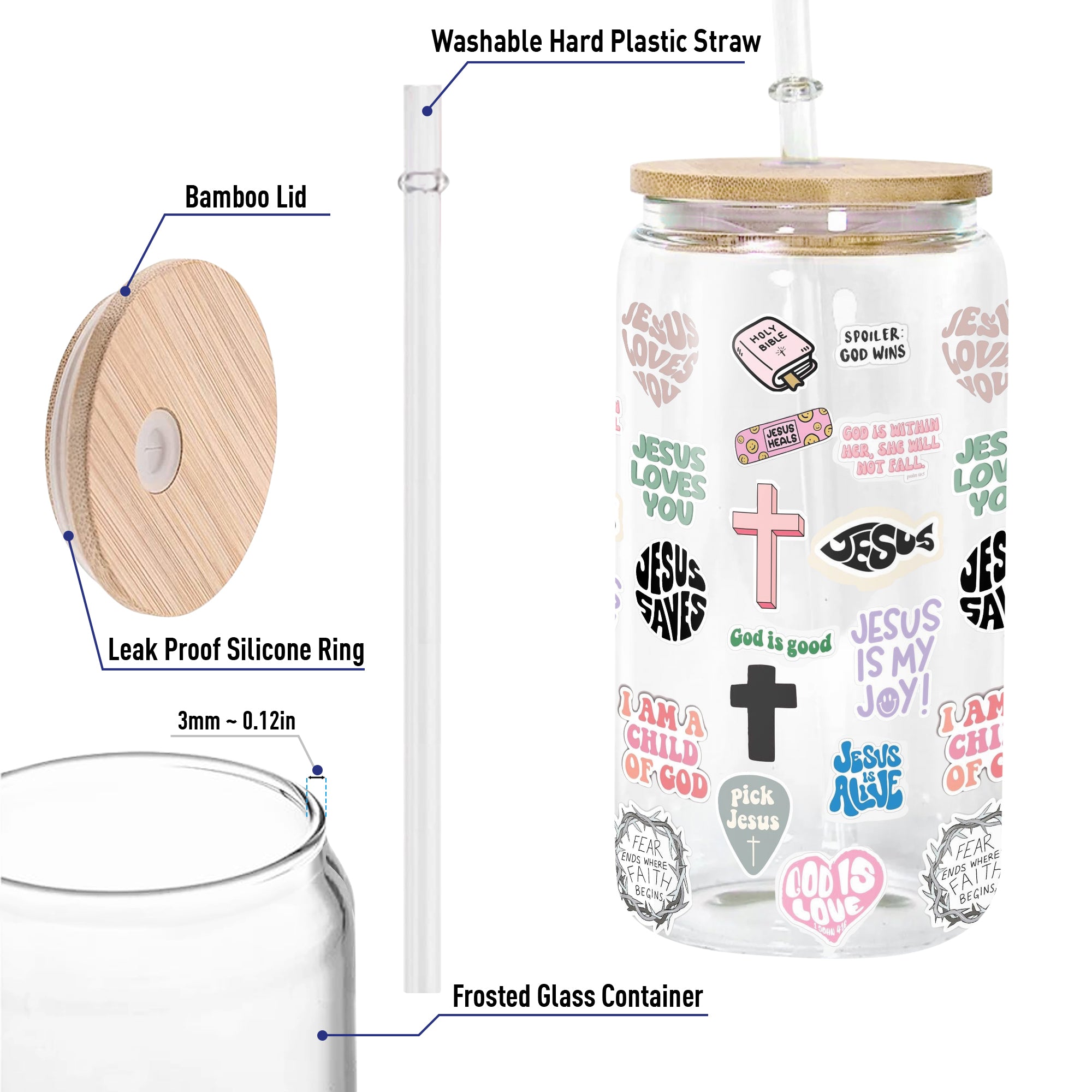 Christian Glass Can with Lid and Straw, Bible Verse Stickers, Jesus Saves Cup, Inspirational Scripture Iced Coffee Tumbler GCLAF29