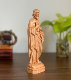 Saint Joseph Sculpture Figurine Beech Wood, Catholic Sacred Handmade Statue for Desk, Christian Home Decor Gifts