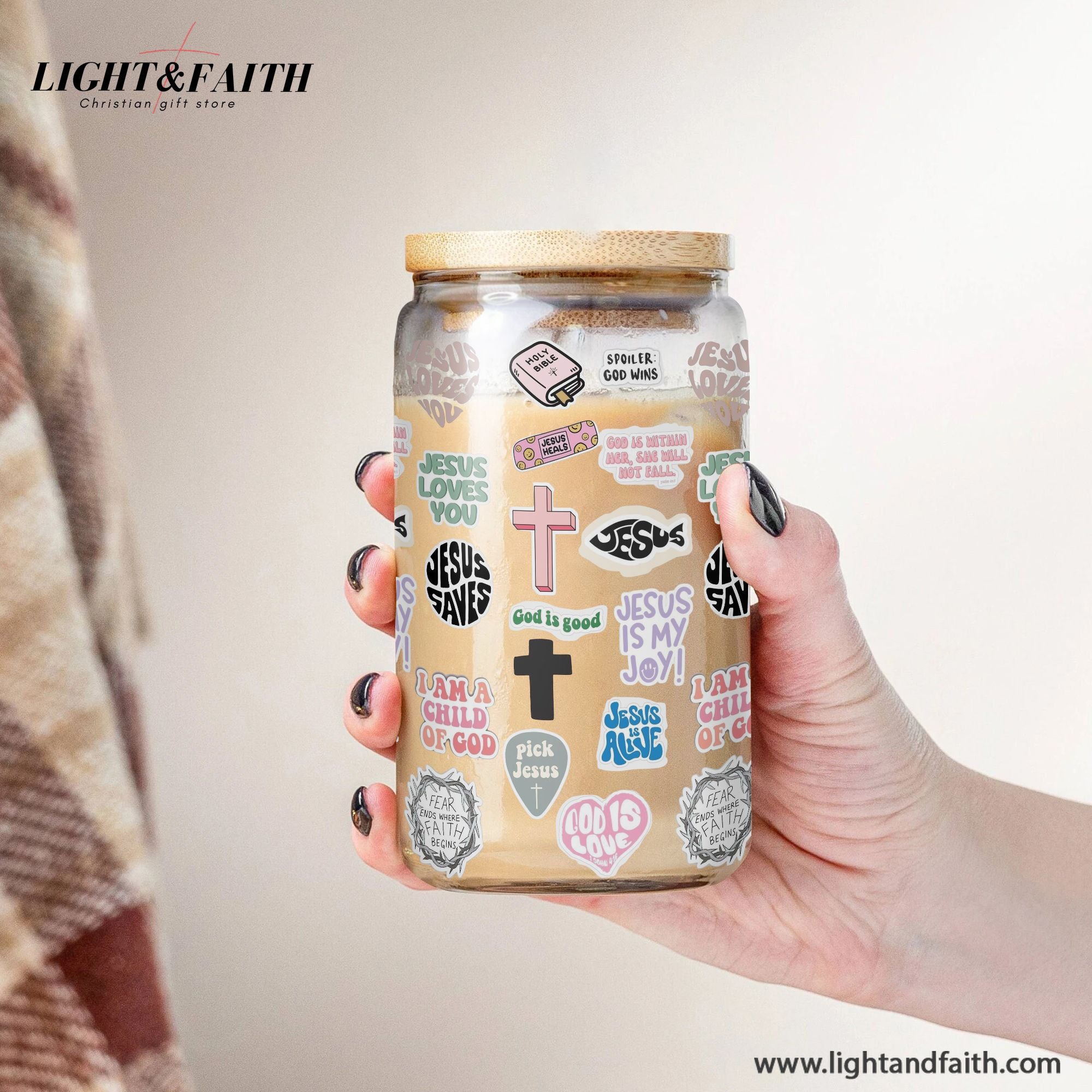 Christian Glass Can with Lid and Straw, Bible Verse Stickers, Jesus Saves Cup, Inspirational Scripture Iced Coffee Tumbler GCLAF29
