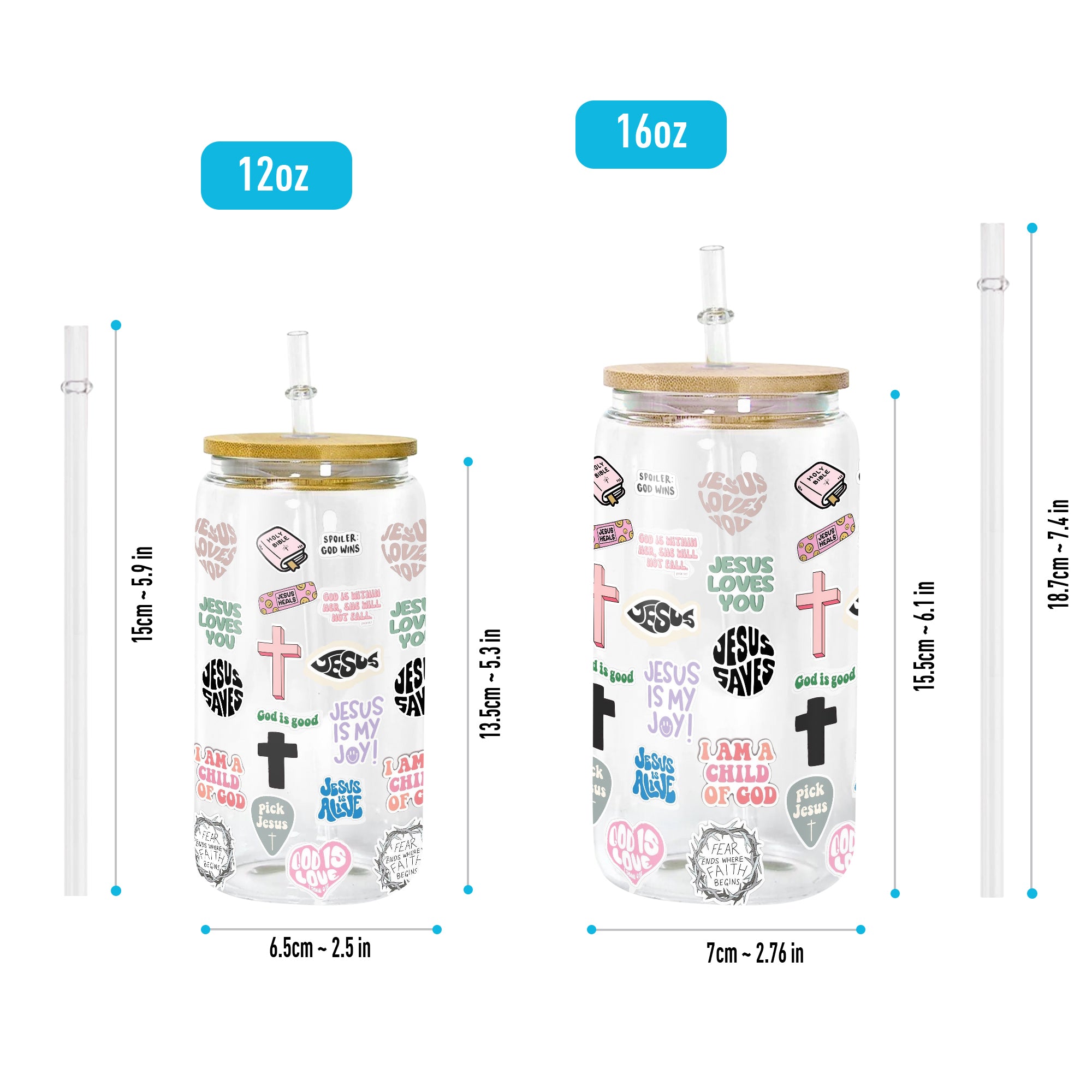 Christian Glass Can with Lid and Straw, Bible Verse Stickers, Jesus Saves Cup, Inspirational Scripture Iced Coffee Tumbler GCLAF29