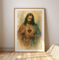 Sacred Heart of Jesus Christian Poster, Catholic Religious Wall Art, Modern Faith-Based Print, Devotional Watercolor Artwork, Christian Home Decor