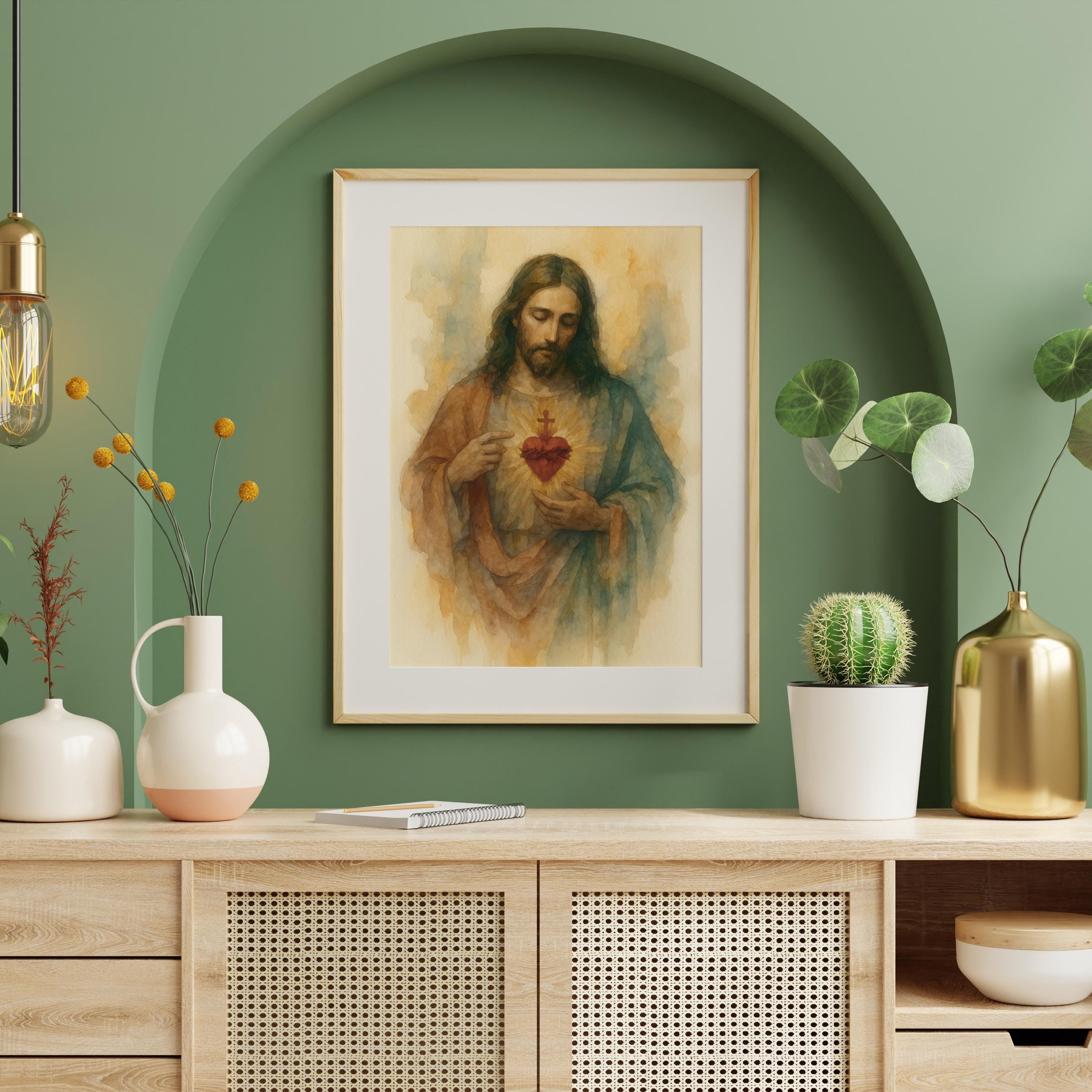 Sacred Heart of Jesus Christian Poster, Catholic Religious Wall Art, Modern Faith-Based Print, Devotional Watercolor Artwork, Christian Home Decor PTLAF064