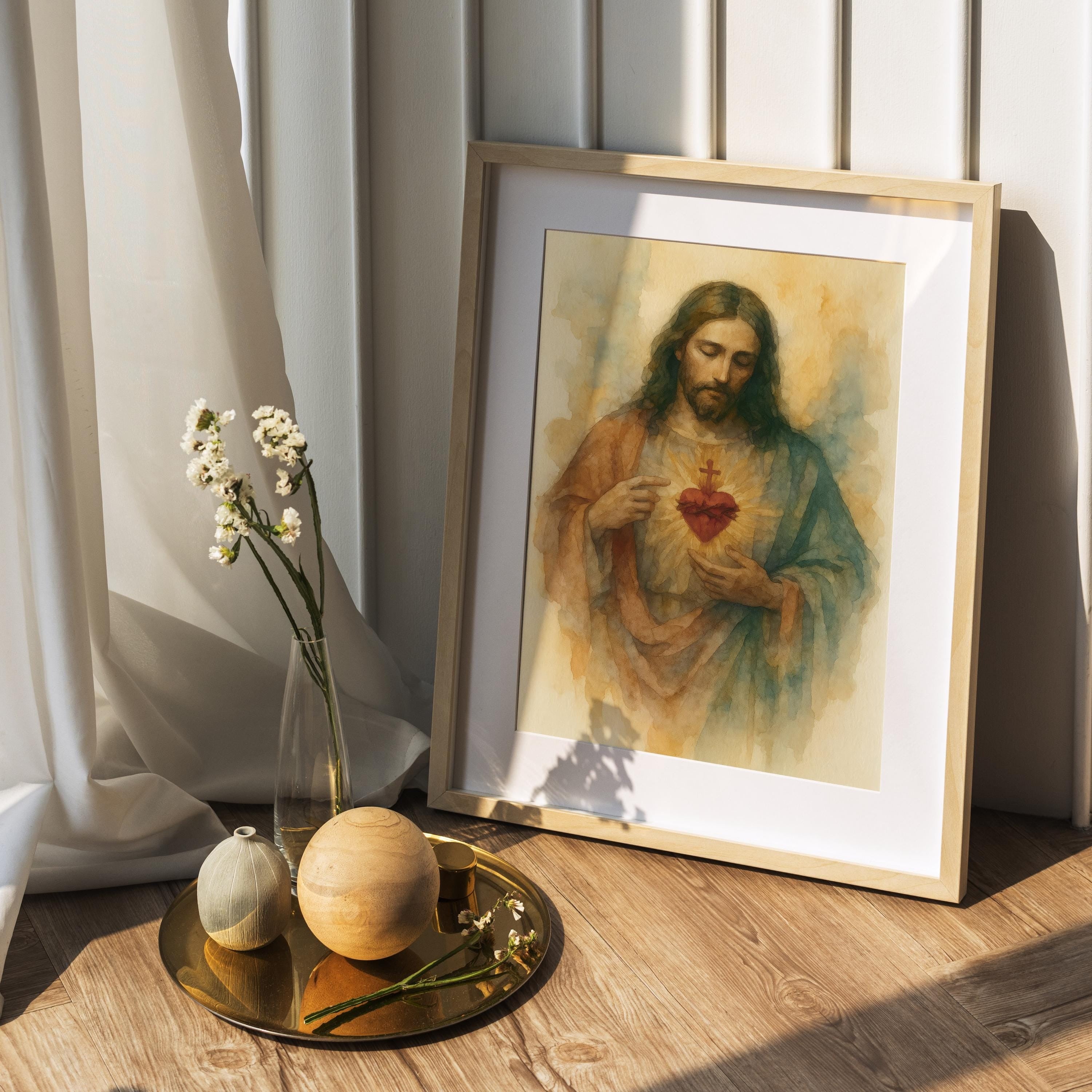 Sacred Heart of Jesus Christian Poster, Catholic Religious Wall Art, Modern Faith-Based Print, Devotional Watercolor Artwork, Christian Home Decor PTLAF064