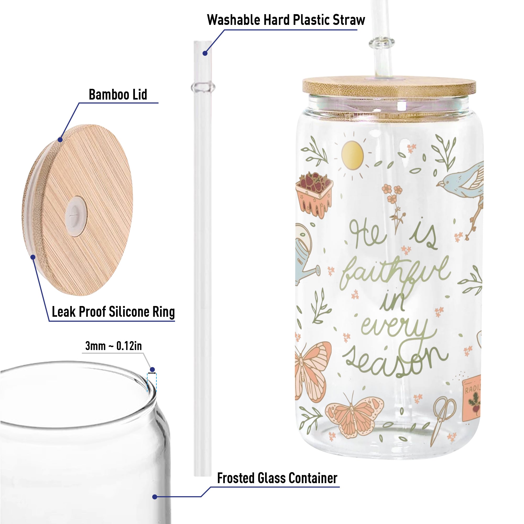 Christian Glass Can with Bamboo Lid and Straw, He Is Faithful in Every Season Cup, Scripture Floral Iced Coffee Tumbler Gift GCLAF38