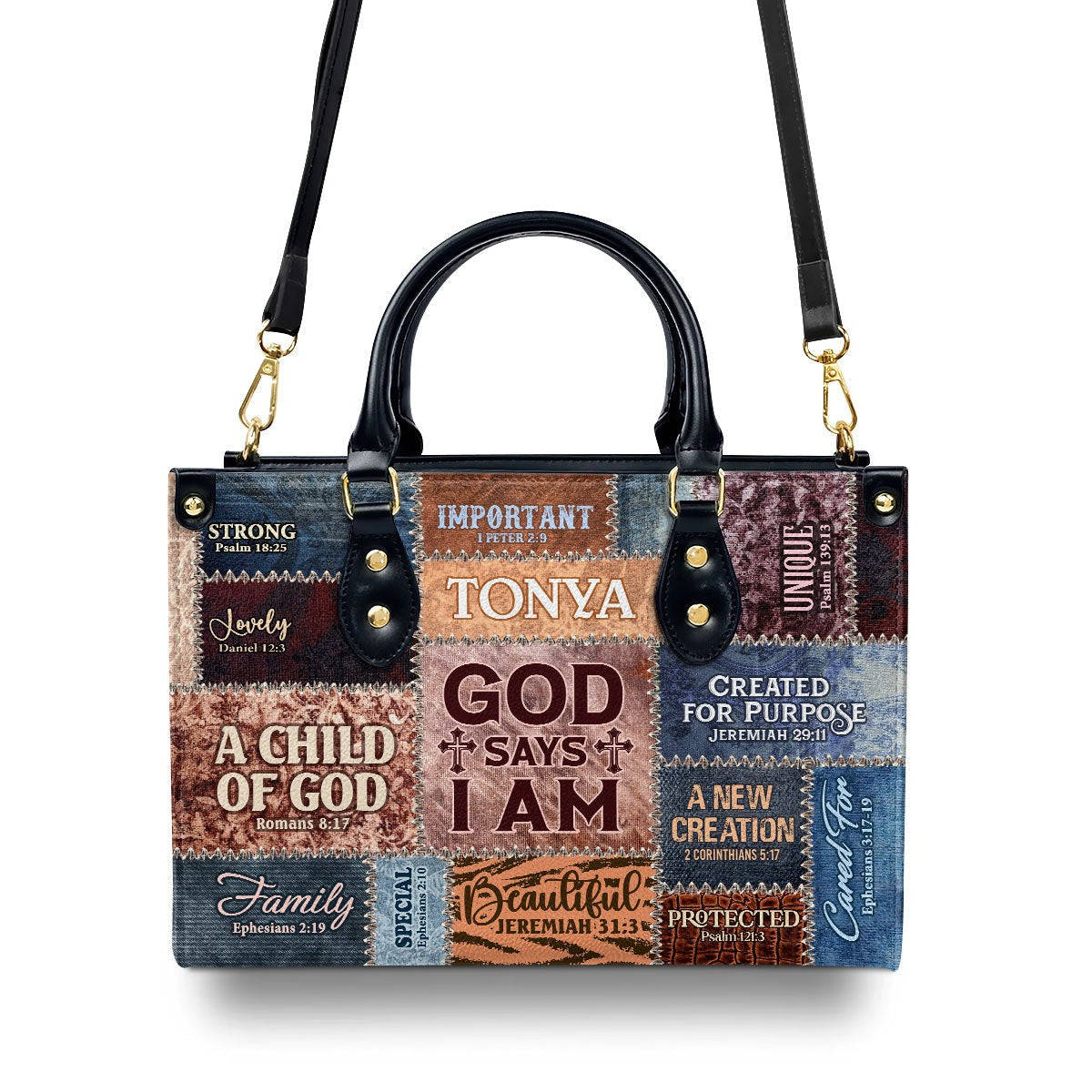 Personalized Christian Leather Handbag, God Says I Am Patchwork Scripture Handbag, Custom Name Religious Gift for Women BLAF22
