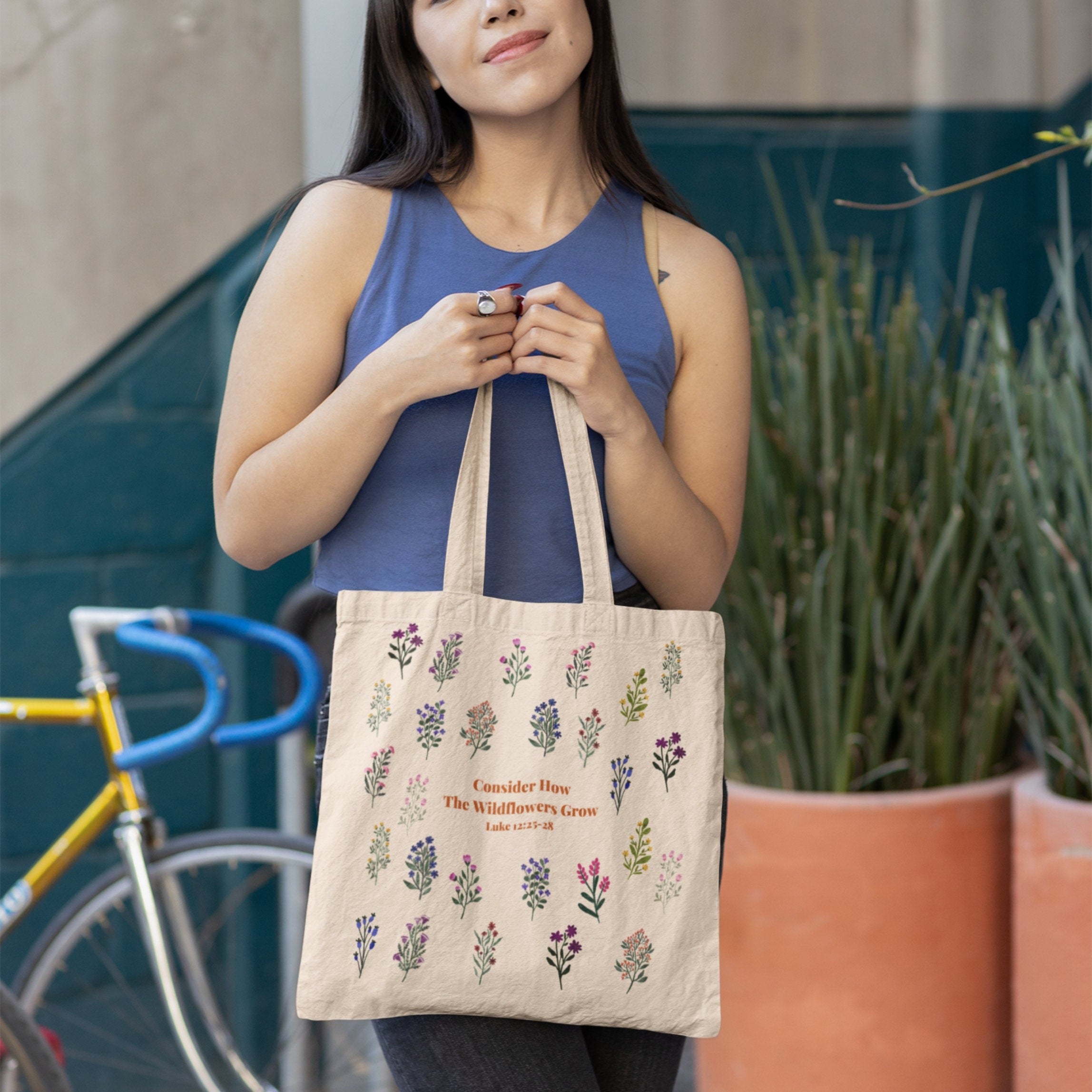 Luke 12:25-28 Bible Verse Tote Bag – Christian Canvas Tote – Aesthetic Faith-Based Bag – Cute Religious Gift – Basic Shopping Bag – Inspirational Christian Accessory TBLAF11