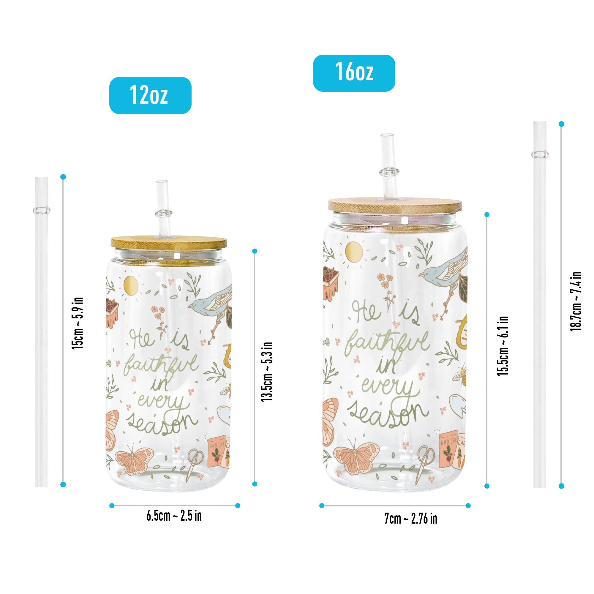 Christian Glass Can with Bamboo Lid and Straw, He Is Faithful in Every Season Cup, Scripture Floral Iced Coffee Tumbler Gift GCLAF38