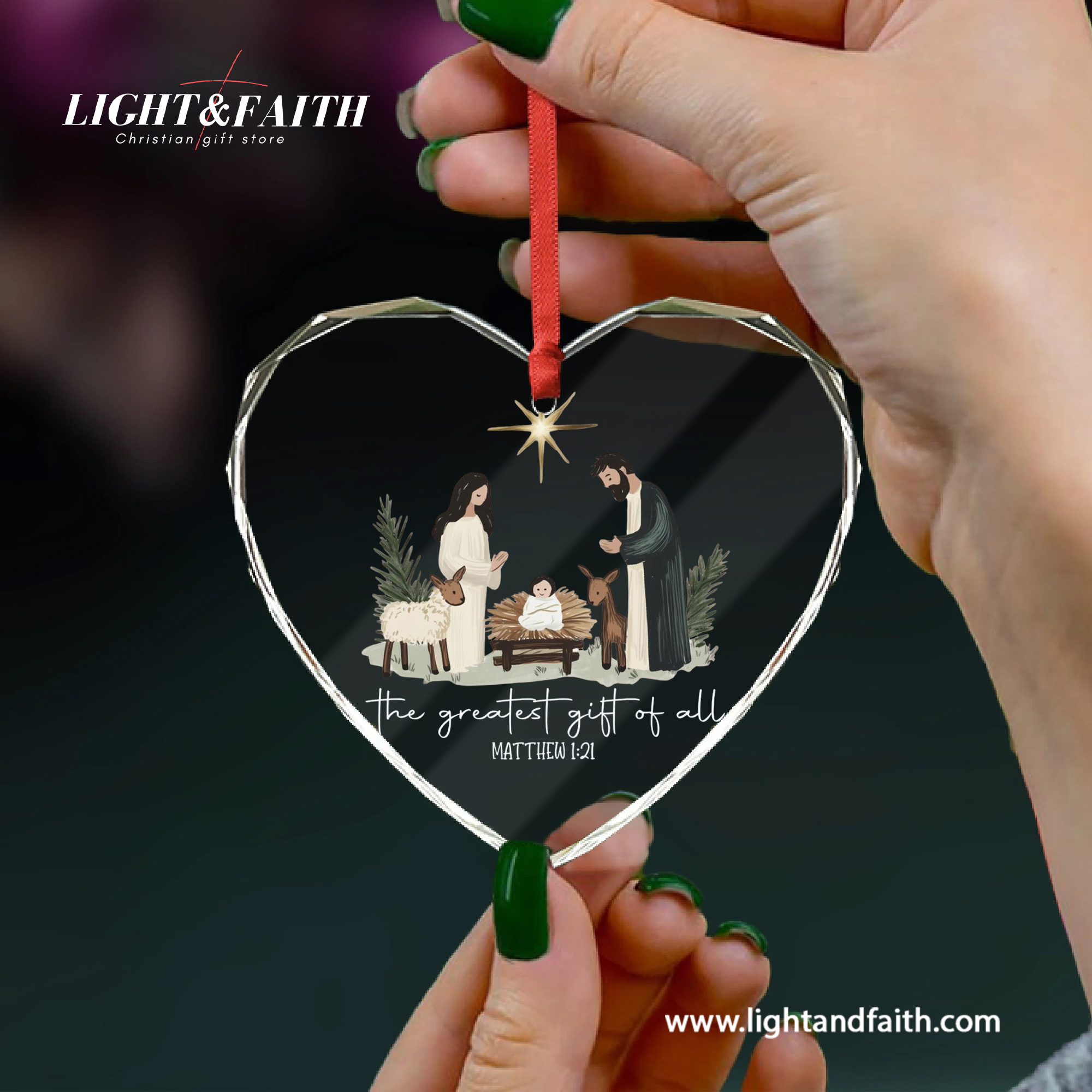 The Greatest Gift of All Glass Ornament, Matthew 1:21 Nativity Scene Ornament, Holy Family Christmas Decor, Christian Faith Gift, Religious Tree Decoration DCLAF58