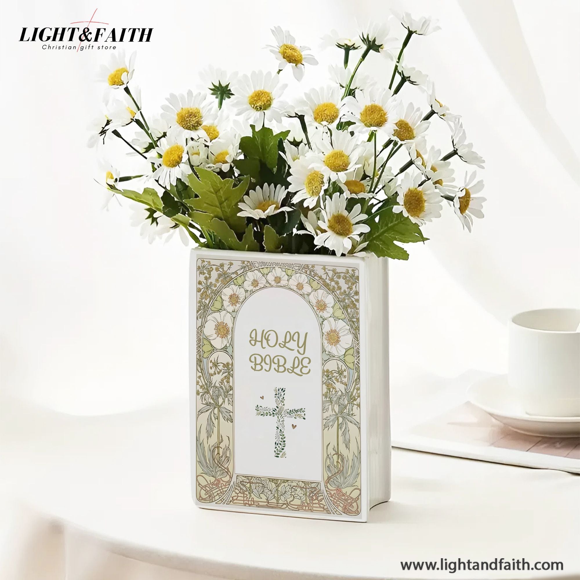 Personalized Christian Book Vase, Holy Bible Book Design with Cross, Custom Name & Scripture Gift, Faith Inspired Shelf Decor CBLAF10