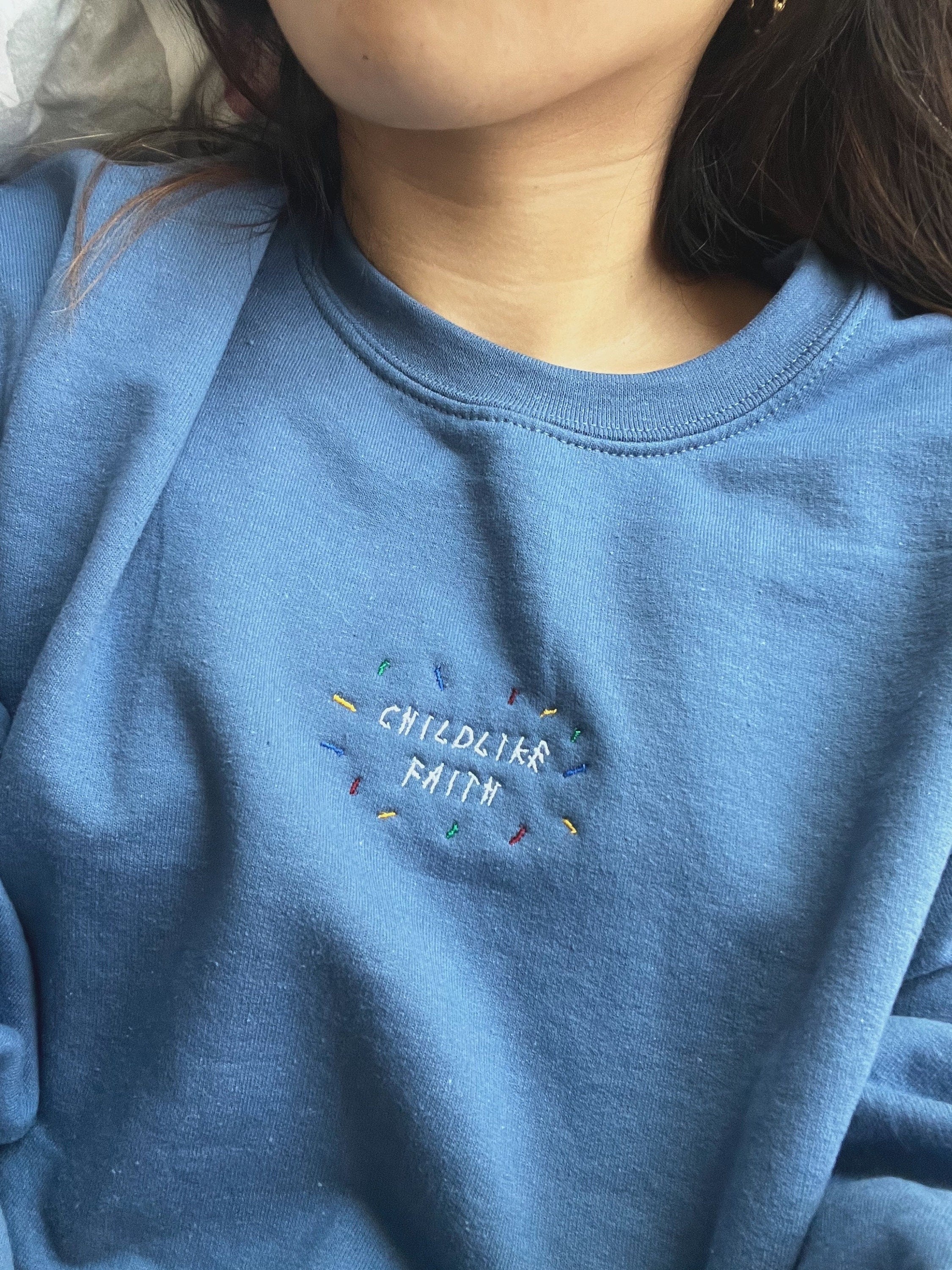 Embroidered 'Childlike Faith' Confetti Crewneck Sweatshirt, Christian Sweatshirt, Bible Sweatshirt, Aesthetic Sweatshirt, Christian Apparel