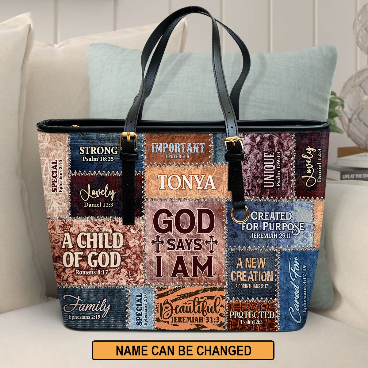 Personalized Christian Leather Handbag, God Says I Am Patchwork Scripture Handbag, Custom Name Religious Gift for Women BLAF22