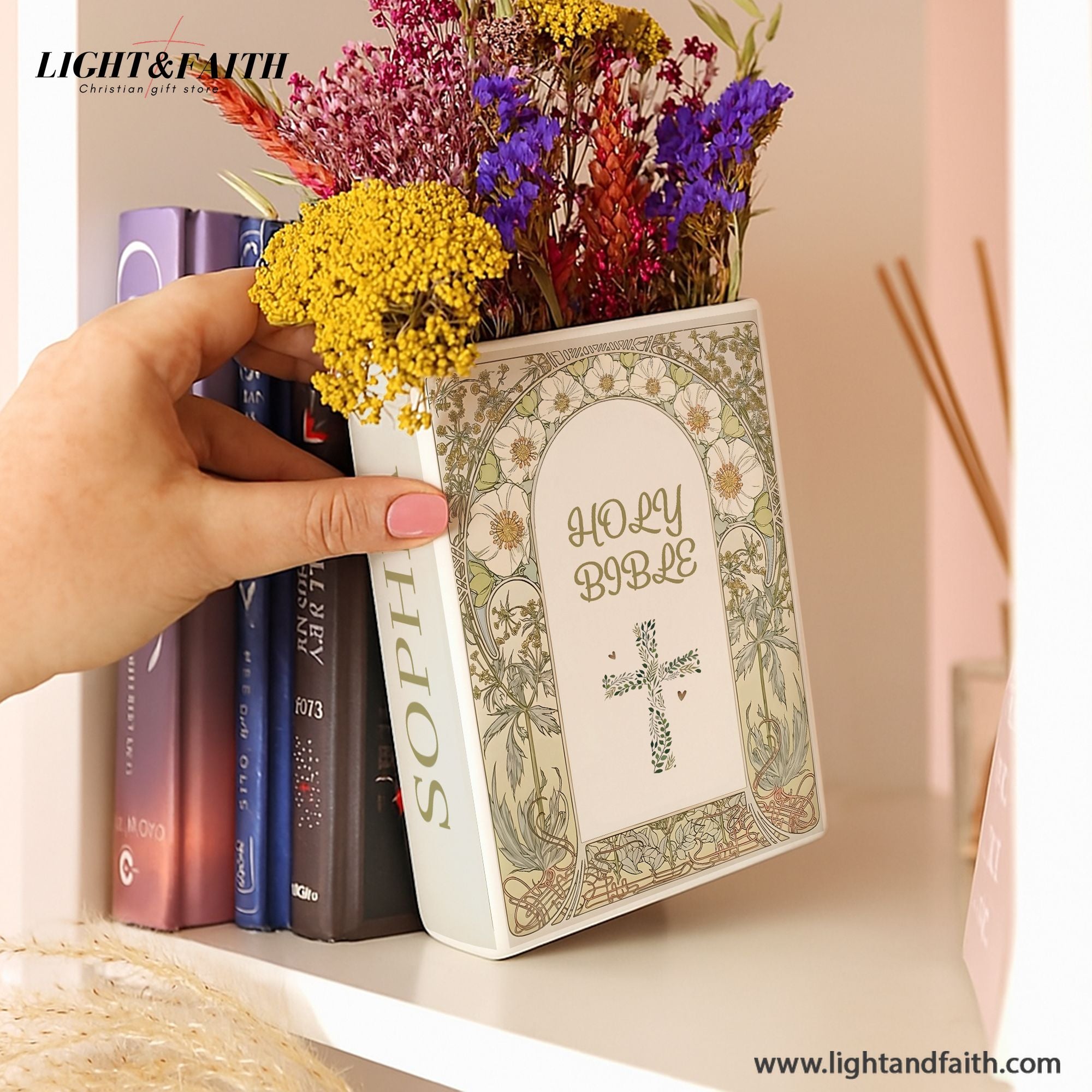 Personalized Christian Book Vase, Holy Bible Book Design with Cross, Custom Name & Scripture Gift, Faith Inspired Shelf Decor CBLAF10