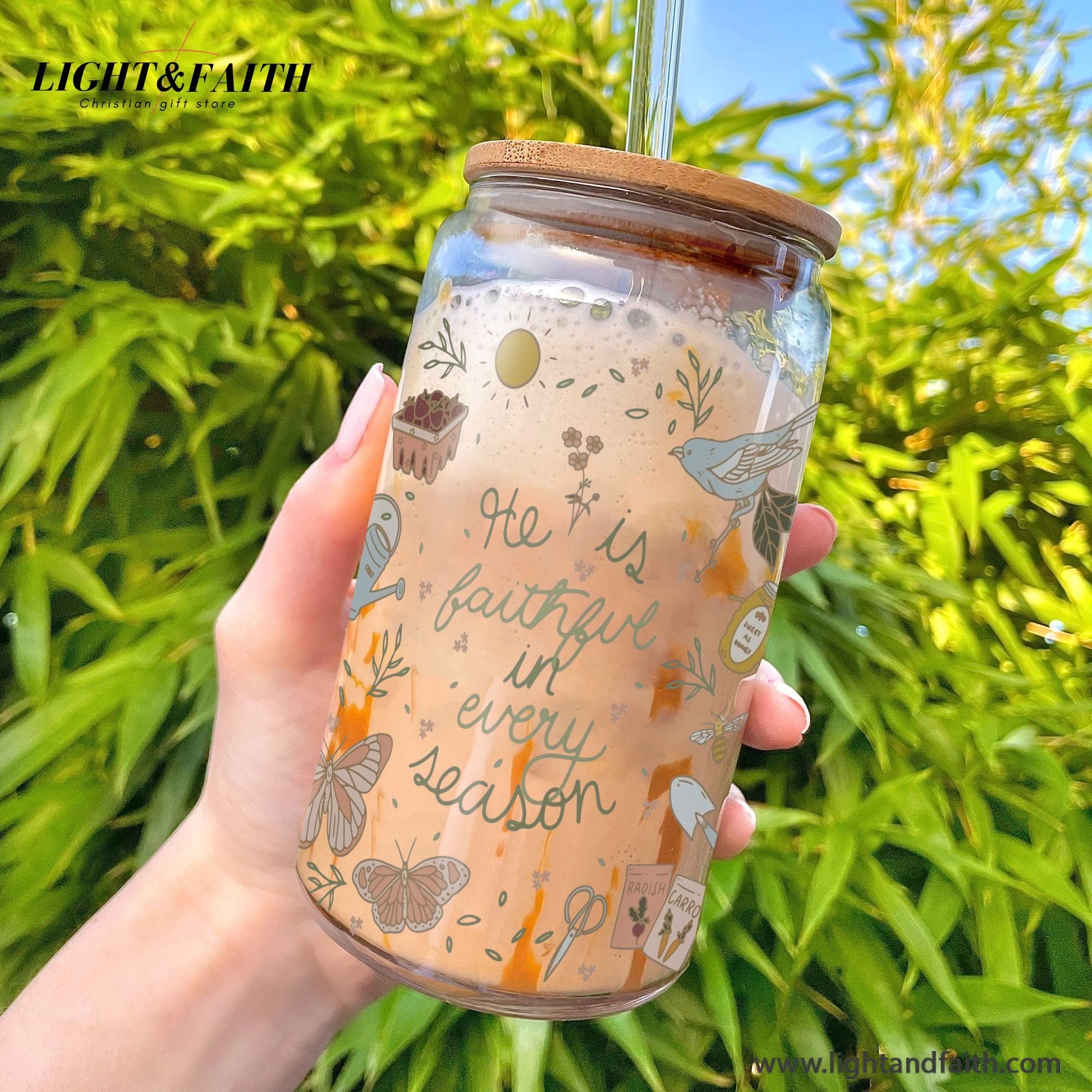 Christian Glass Can with Bamboo Lid and Straw, He Is Faithful in Every Season Cup, Scripture Floral Iced Coffee Tumbler Gift GCLAF38