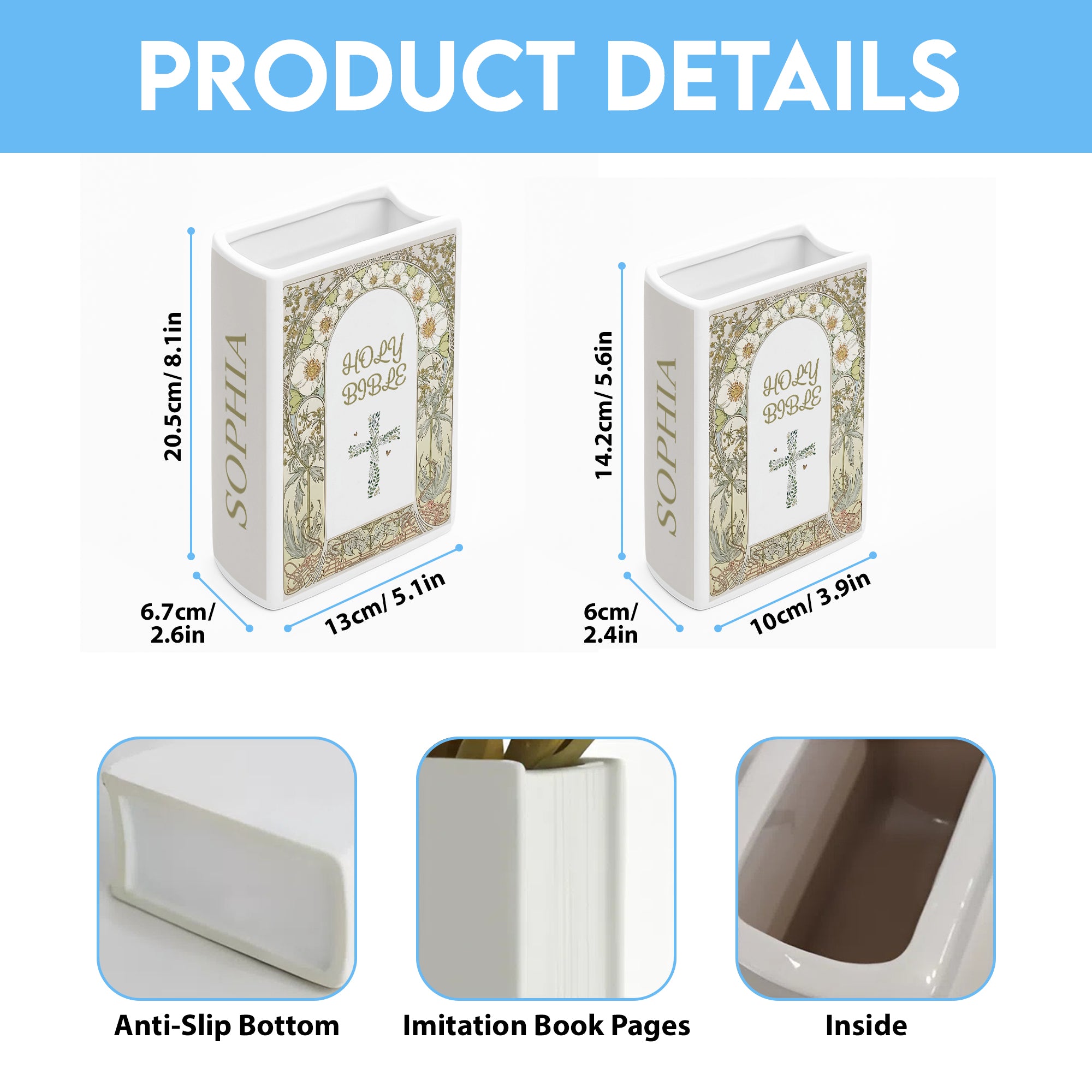 Personalized Christian Book Vase, Holy Bible Book Design with Cross, Custom Name & Scripture Gift, Faith Inspired Shelf Decor CBLAF10