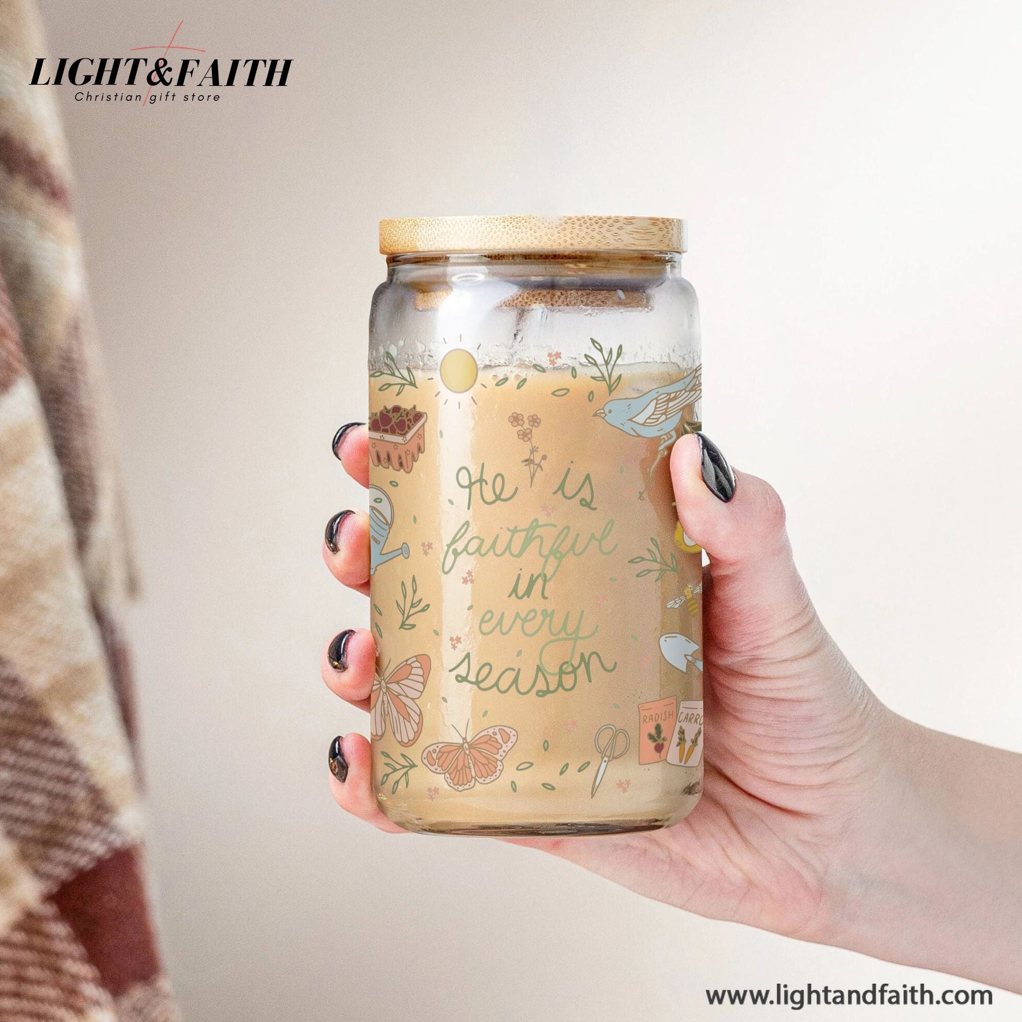 Christian Glass Can with Bamboo Lid and Straw, He Is Faithful in Every Season Cup, Scripture Floral Iced Coffee Tumbler Gift GCLAF38