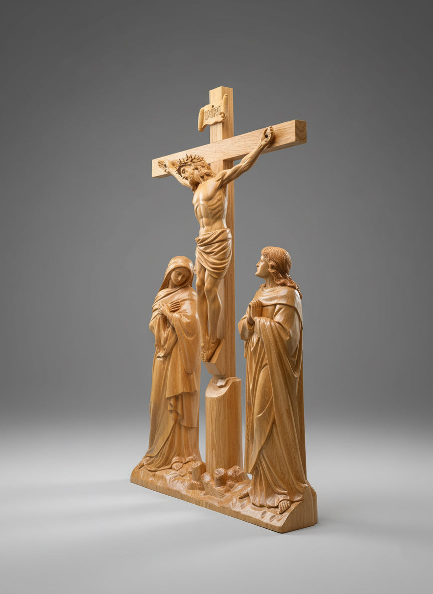 Wooden Crucifixion Statue Set, Jesus on the Cross with Virgin Mary and Saint John, Handmade Catholic Religious Sculpture Home Altar Decor