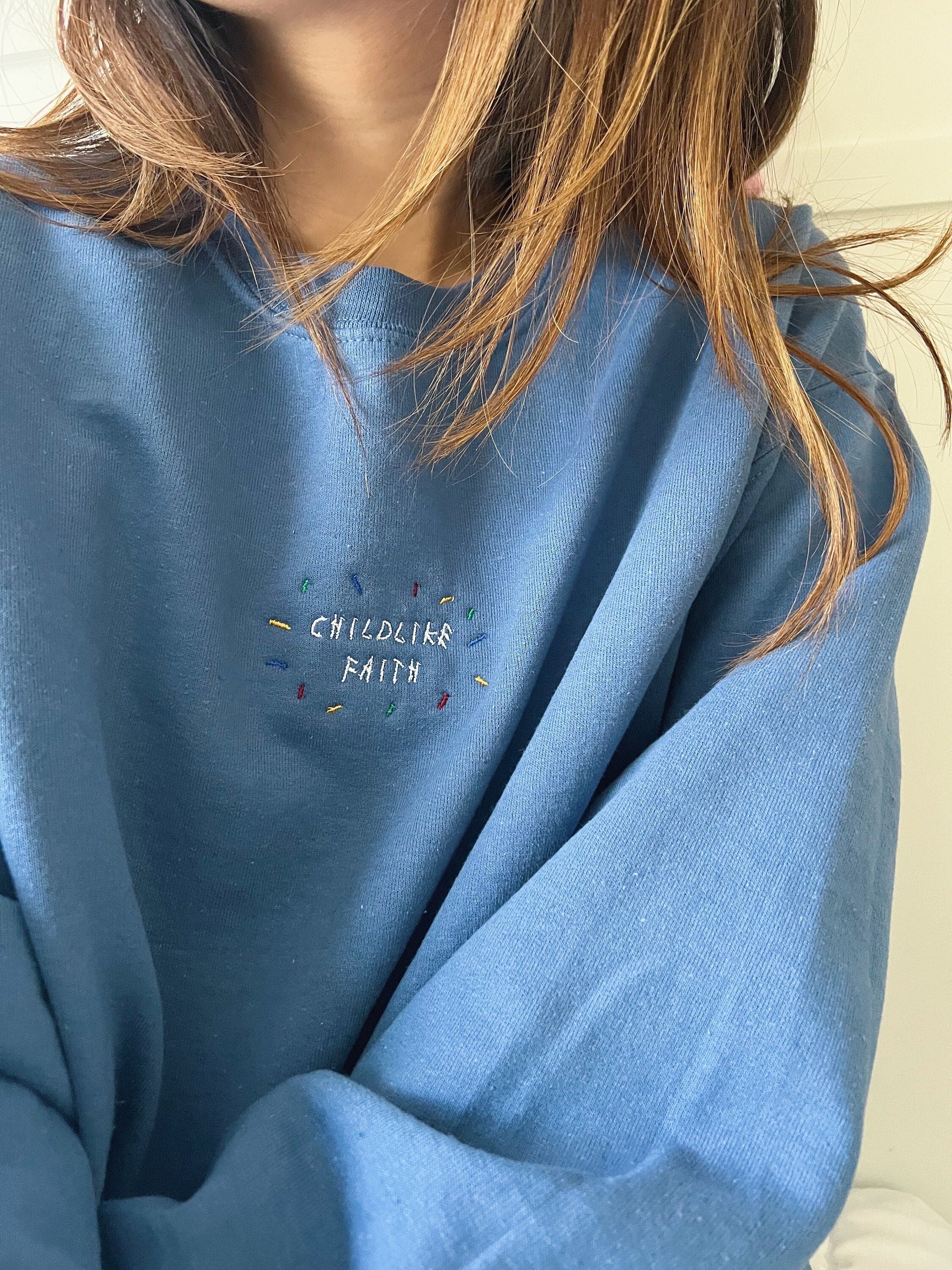 Embroidered 'Childlike Faith' Confetti Crewneck Sweatshirt, Christian Sweatshirt, Bible Sweatshirt, Aesthetic Sweatshirt, Christian Apparel