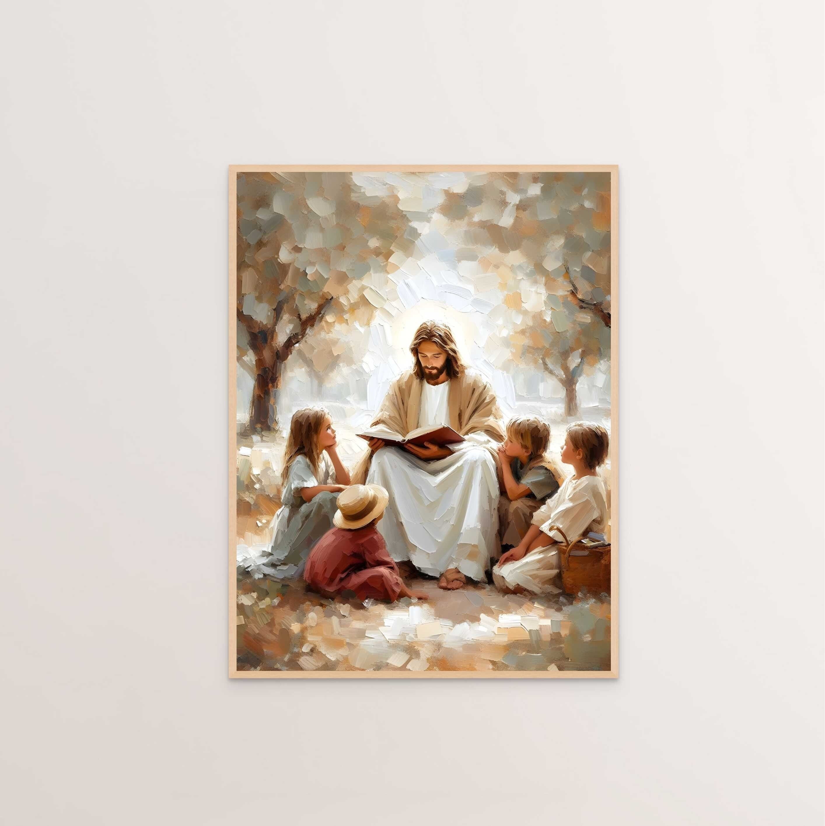 Jesus Teaching Children Poster, Christian Art for Kids, Jesus with Children Art, Bible Art Poster