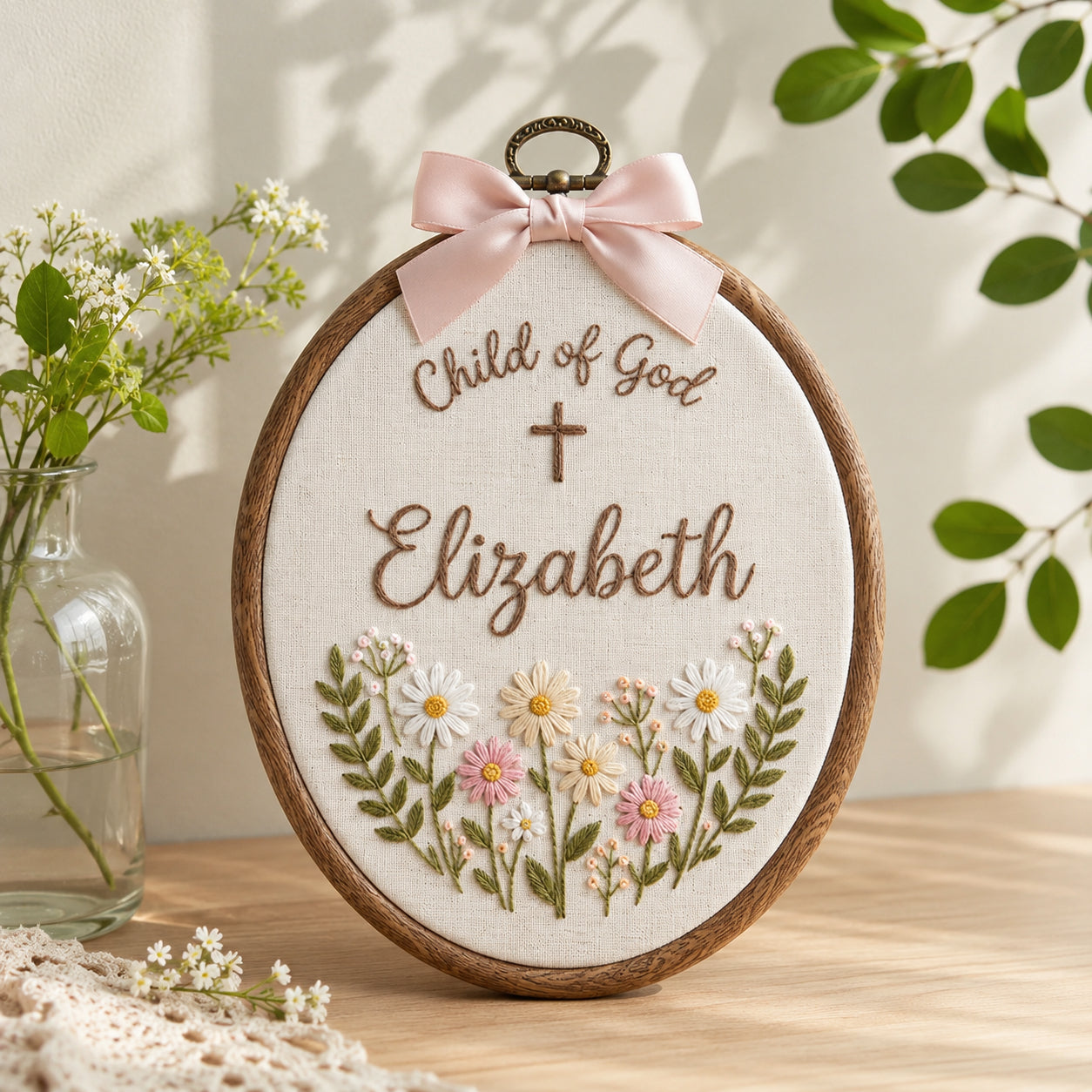 Personalized Hand Embroidered Child Of God Hoop Art, Custom Baby Name Baptism, Floral Christian Keepsake, Christian Hoop Art, Nursery Gift EHA38
