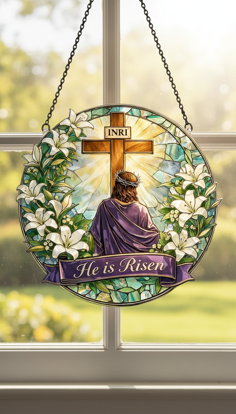 He Is Risen Stained Glass Suncatcher, Easter Cross Window Hanging, Christian Lily Sun Catcher, Religious Home Decor, Resurrection Faith Gift SCLAF19