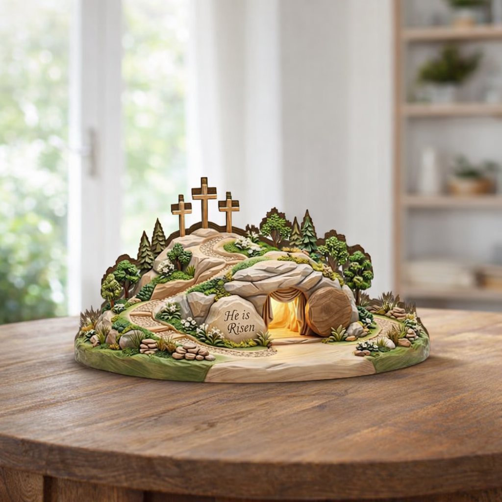 He Is Risen Easter Wooden Decor, Empty Tomb Scene, Christian Shelf Art, Religious Spring Table Display