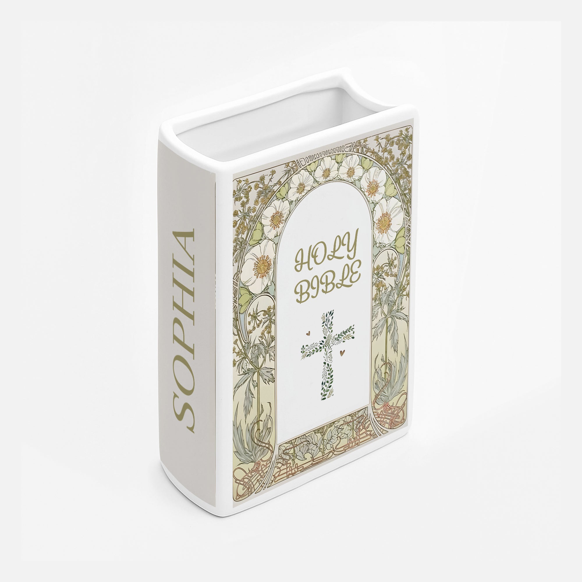 Personalized Christian Book Vase, Holy Bible Book Design with Cross, Custom Name & Scripture Gift, Faith Inspired Shelf Decor CBLAF10