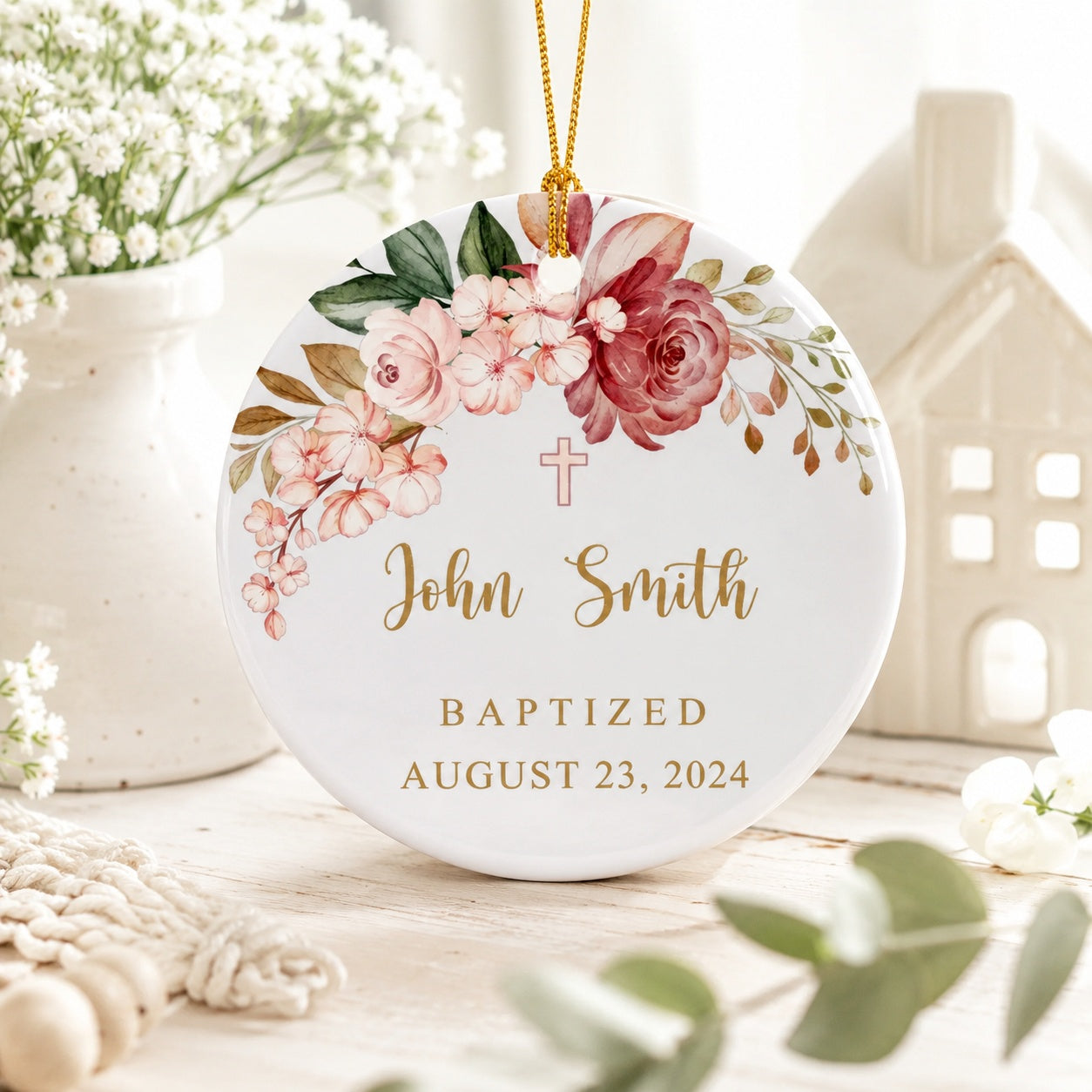 Personalized Floral Baby Baptism Ceramic Ornament, Custom Name and Date Christian Keepsake, Baby Ornament Gift,  Baptism Ornament CRMO10