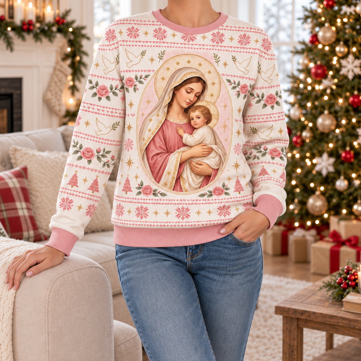 Virgin Mary and Baby Jesus Ugly Christmas Sweater, Catholic Christmas Sweatshirt, Christian Holiday Faith Gift XMASUS10