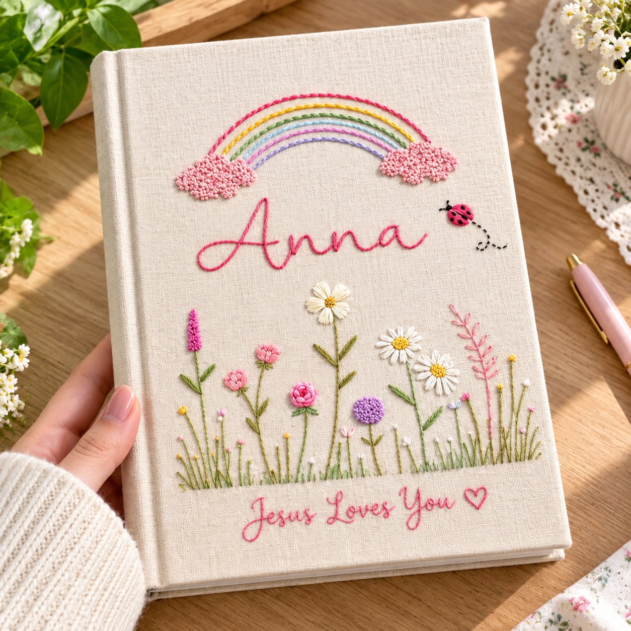 Personalized Hand-Embroidery Notebook, Rainbow Floral Journal, Custom Linen Journal, Handmade Flower Notebook, Christian Gift NB12