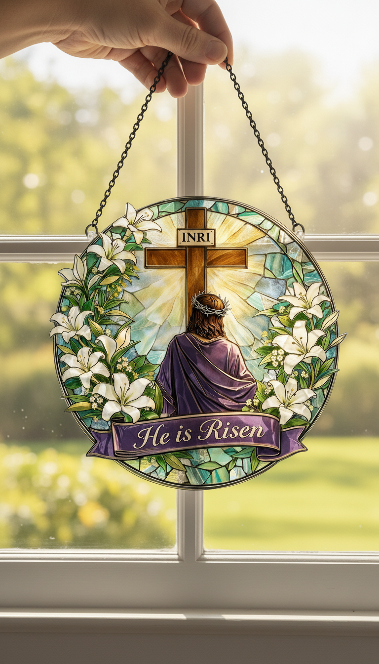 He Is Risen Stained Glass Suncatcher, Easter Cross Window Hanging, Christian Lily Sun Catcher, Religious Home Decor, Resurrection Faith Gift SCLAF19
