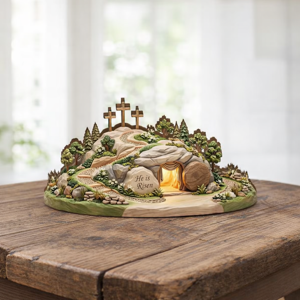 He Is Risen Easter Wooden Decor, Empty Tomb Scene, Christian Shelf Art, Religious Spring Table Display