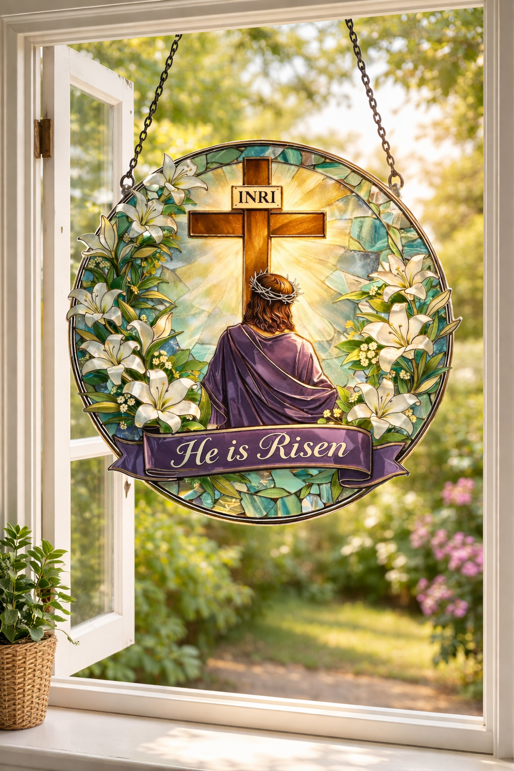 He Is Risen Stained Glass Suncatcher, Easter Cross Window Hanging, Christian Lily Sun Catcher, Religious Home Decor, Resurrection Faith Gift SCLAF19