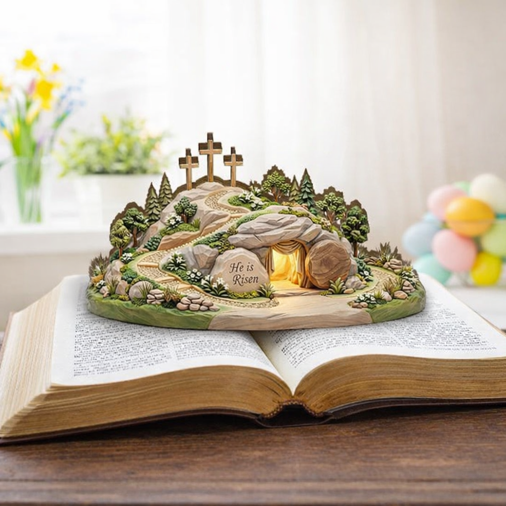 He Is Risen Easter Wooden Decor, Empty Tomb Scene, Christian Shelf Art, Religious Spring Table Display