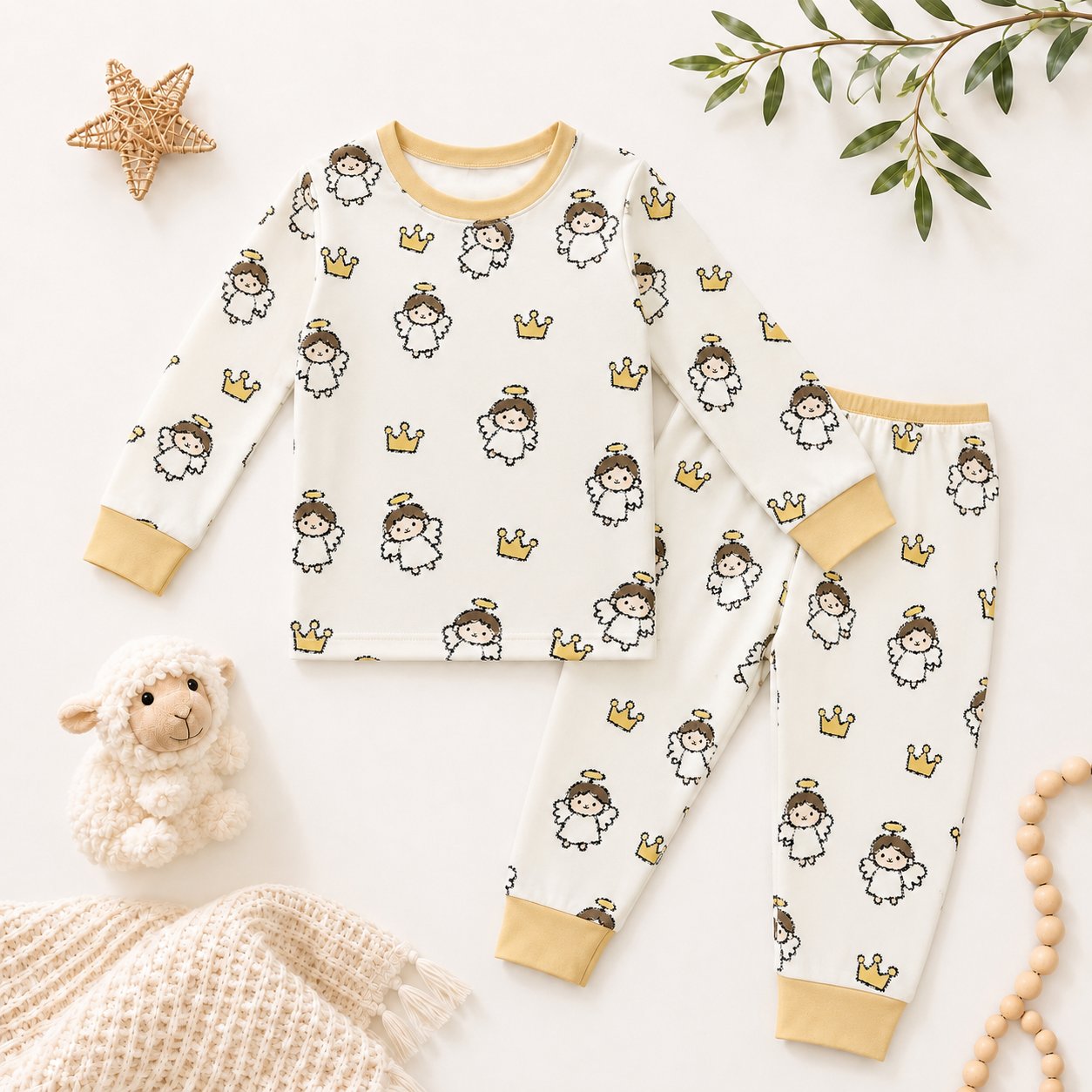 Guardian Angel Bamboo Baby Kids Pajamas Set, Christian Toddler PJs, Angel and Crown Sleepwear, Religious Gift for Kids BBPJSS08