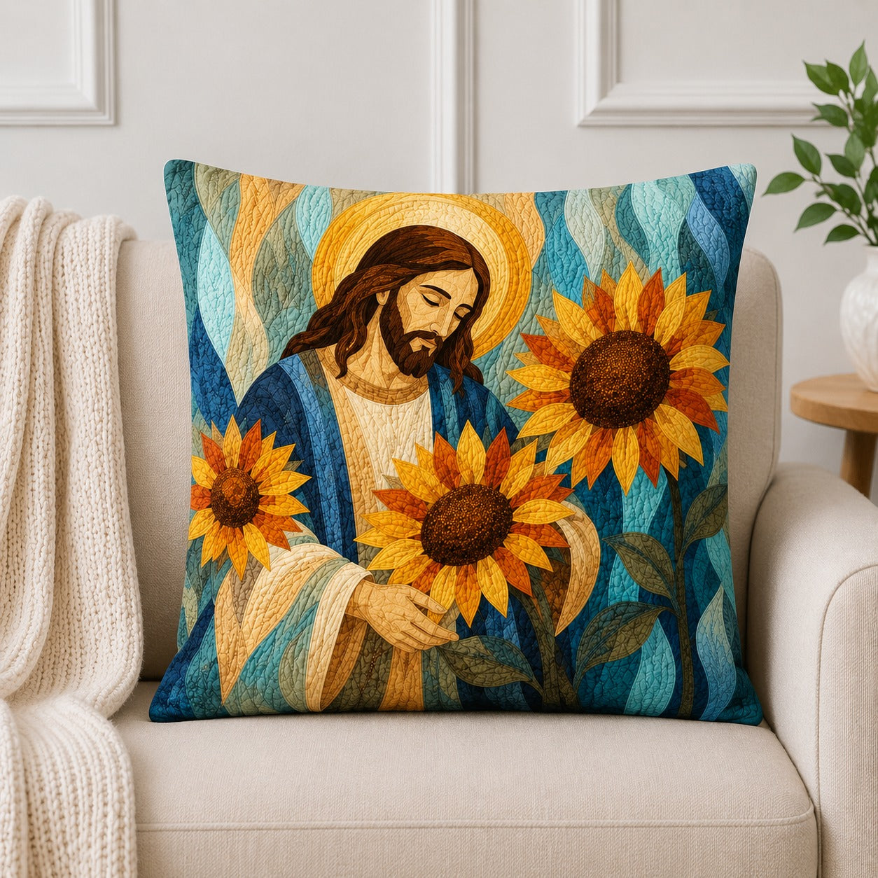 Jesus Sunflower Quilted Pillow Case, Christian Faith Pillow Cover, Religious Home Decor, Jesus Gift, Sunflower Christian Decor QPILLOW09