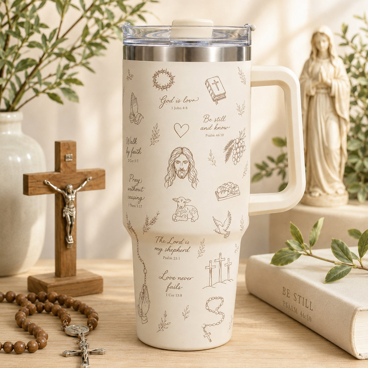 Christian Bible Verse Tumbler with Handle, Catholic Faith Symbols Insulated Coffee Cup, Religious Gift LAFN10