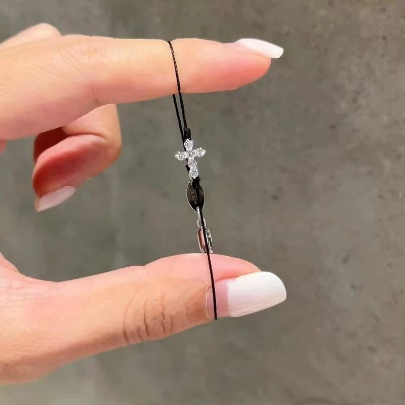 Adjustable Cross Bracelet for Women, Black or Red Christian Bracelet, Catholic Faith Jewelry, Minimalist Religious Gift, Delicate Cross Wristband