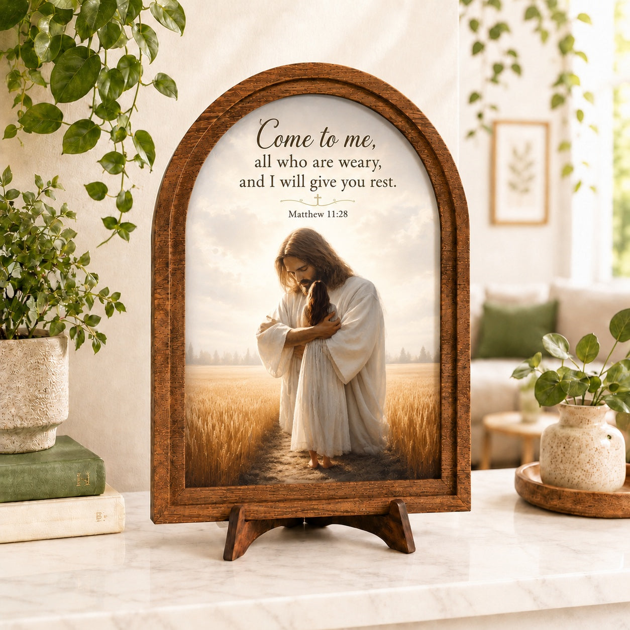 Jesus Hugging Wooden Sign, Inspirational Matthew 11:28 Sign, Wooden Tabletop Plaque, Christian Religious, Christian Gift  WS10
