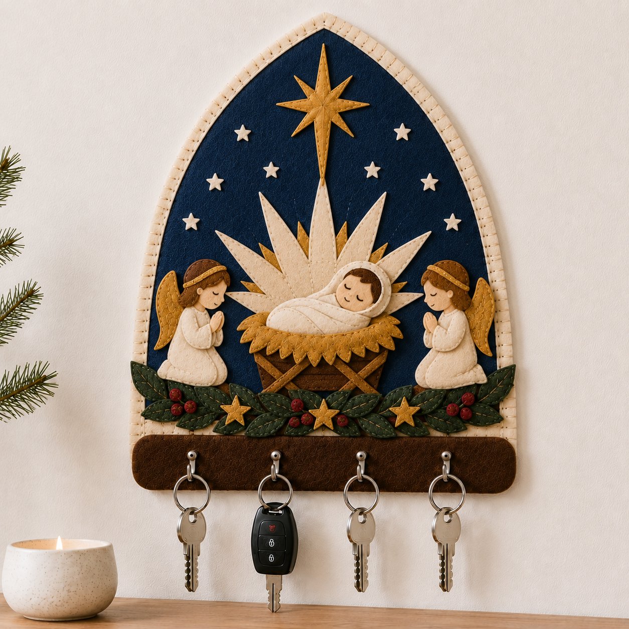Angel Nativity Wall Felt Key Holder, Baby Jesus Christmas Wall Key Rack, Handmade Catholic Home Decor, Religious Housewarming Gift, Felt Custom FELTHD09