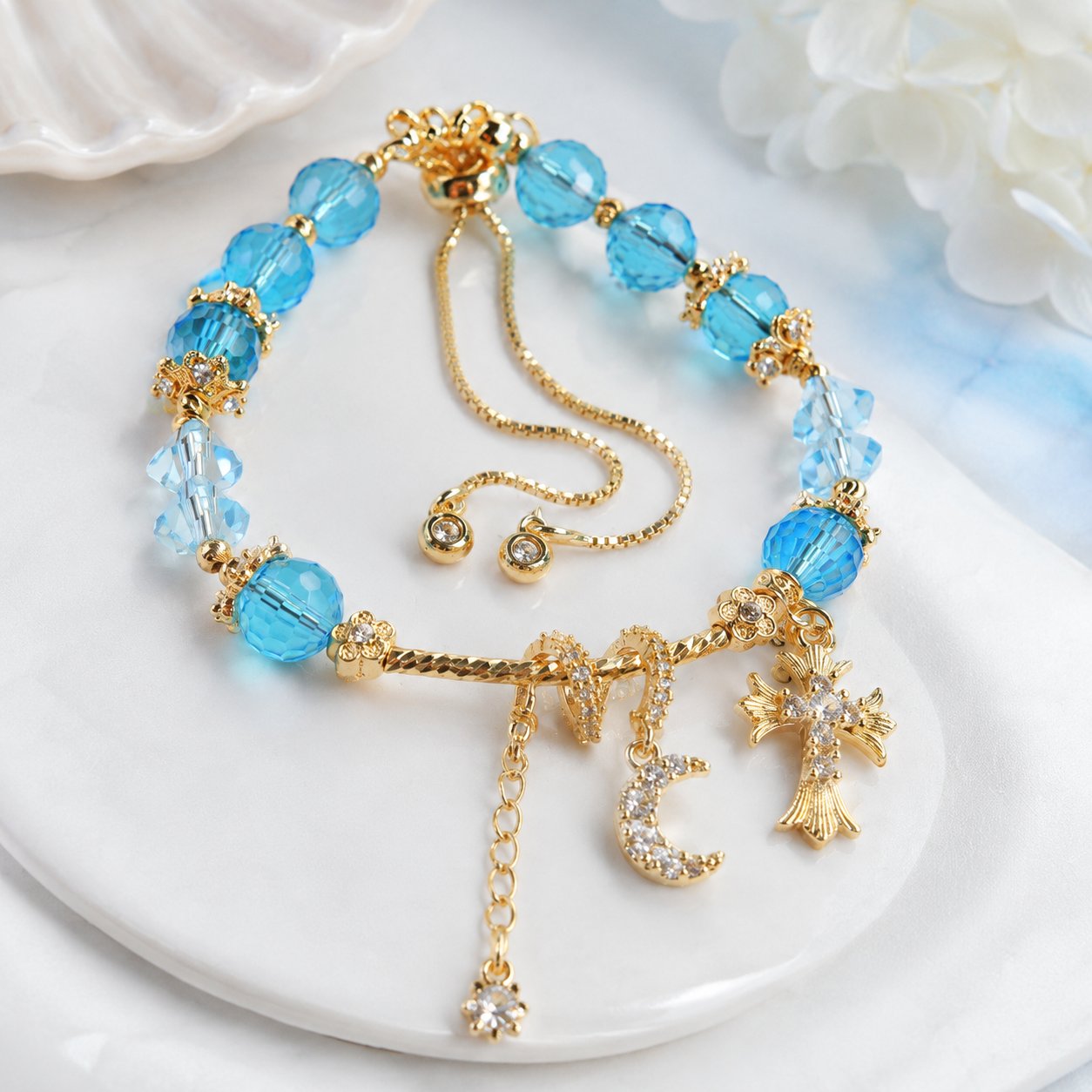 Blue Crystal Cross Charm Bracelet, Adjustable Religious Jewelry Gift, Catholic Bracelet, Gift For Her VTBR09