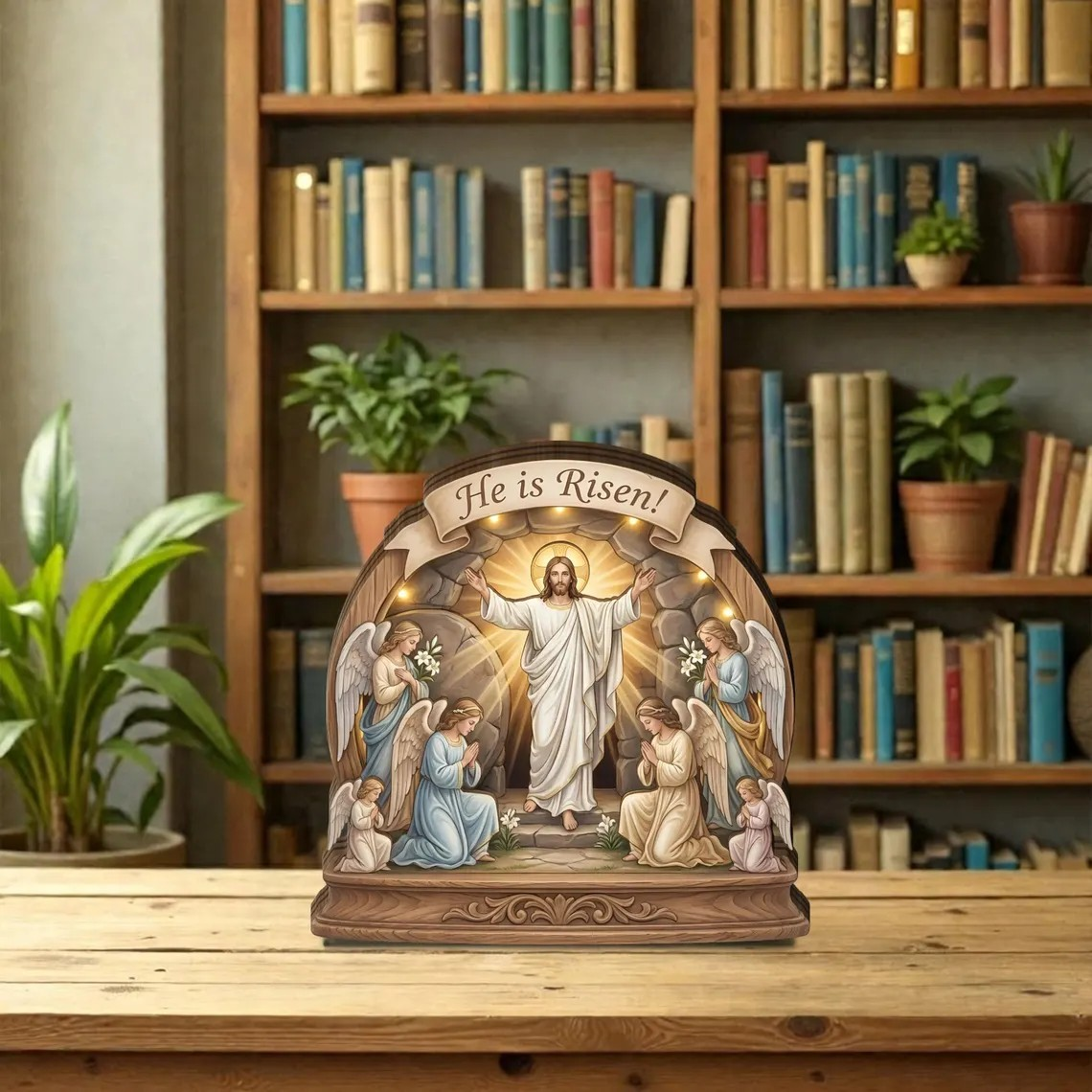 He Is Risen Easter Wooden Sign, Resurrection of Jesus Decor, Christian Tabletop Display, Faith Home Altar Gift