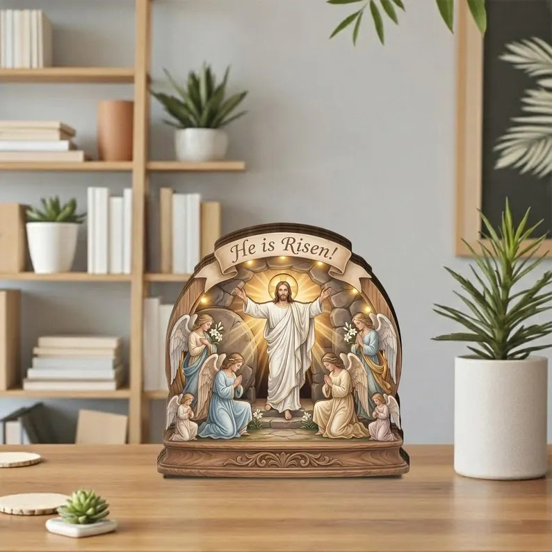 He Is Risen Easter Wooden Sign, Resurrection of Jesus Decor, Christian Tabletop Display, Faith Home Altar Gift