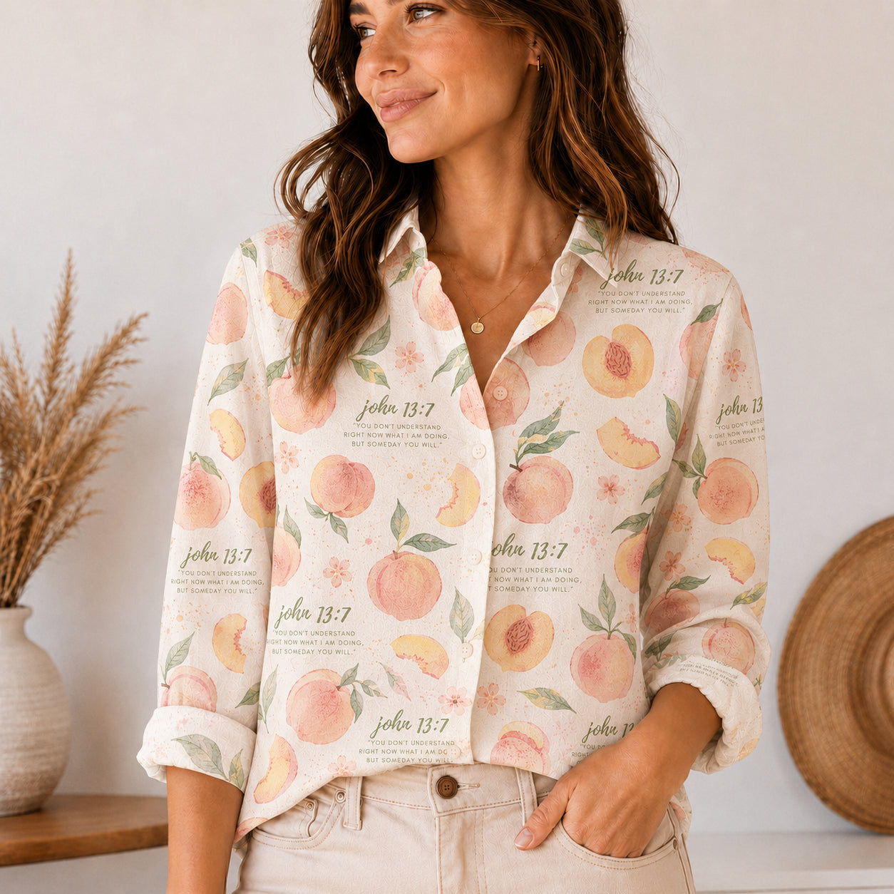 John 13:7 Floral Christian Casual Shirt for Women, Peach Bible Verse Blouse, Faith Based Button Up Shirt, Jesus Gift for Her CS09