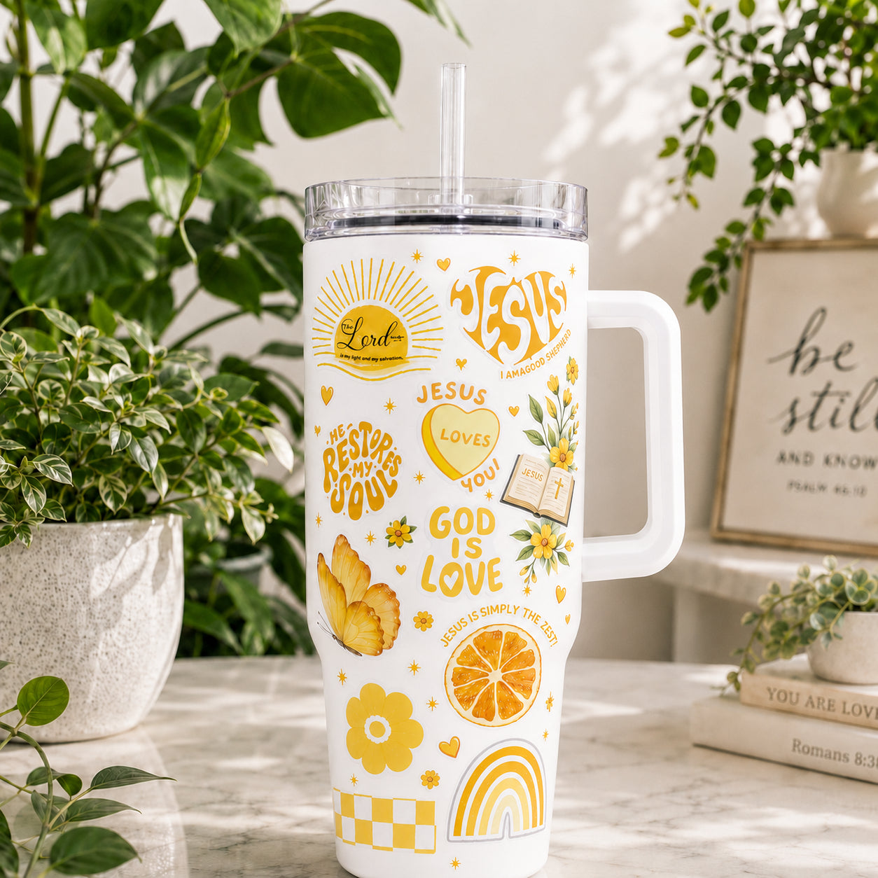 Jesus Loves You Yellow Floral 30oz/40oz Stainless Steel Tumbler with Handle, Faith-Inspired Travel Mug, Custom Faith Tumbler, Insulated Mug with Straw, Christian Gift TUMB10